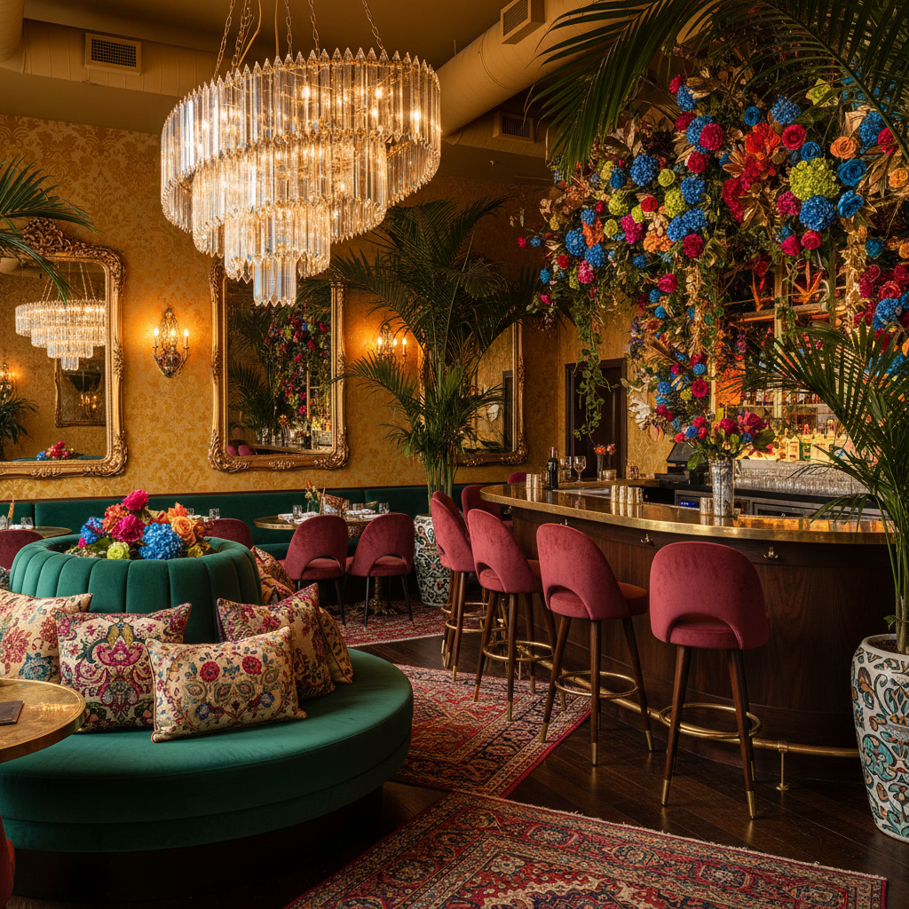 Create a vibrant, opulent restaurant space in the style of Maximalism, blending eclectic patterns, rich textures, and bold colors. Set amidst a lush, verdant backdrop, the room features a curved, crystal chandelier suspended above a plush, emerald green banquette adorned with intricate, hand-embroidered velvet pillows. Walls are painted a warm, golden yellow, while floors are made of rich, dark hardwood. A sprawling, curved wooden bar in a rich, espresso stain dominates one wall, surrounded by plush, velvet-upholstered stools in a deep, berry wine hue. The atmosphere is electric, with oversized, ornate mirrors, metallic accents, and a show-stopping, floor-to-ceiling floral installation in a riot of colors, adding to the space's drama and sense of indulgent excess.