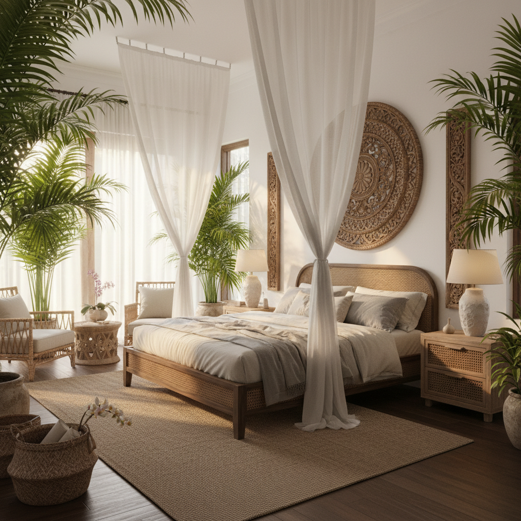 A beautiful Master Bedroom designed in Bali style. Transform this interior into a Bali-inspired space while keeping walls and layout. Blend bamboo and rattan, neutral linens, tropical greenery, and carved accents. Use warm lighting, airy curtains, and layered natural textures for a calm island mood. The space features carefully selected furniture, harmonious colors, natural lighting, and thoughtfully placed decorative elements that create a welcoming and aesthetically pleasing atmosphere.
