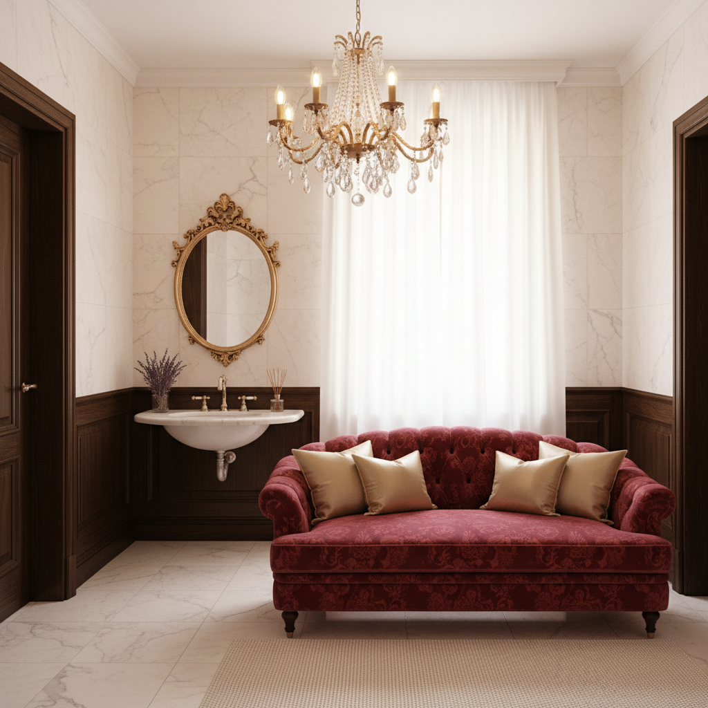Design a serene Parisian-style spa room with creamy white walls and floors, complemented by rich, dark hardwood accents. The space features a plush, tufted velvet sofa in a deep berry red hue, upholstered in a subtle damask pattern, and adorned with plush throw pillows in soft, pale gold. A stunning, antique-inspired mirror with gilded frame hangs above a marble-topped, oval-shaped vanity, where a delicate, porcelain sink and a pair of matching, crystal-encrusted faucets await. Soft, golden lighting spills from a show-stopping, crystal chandelier suspended above the room, casting a warm, inviting glow. The atmosphere is tranquil, with the scent of fresh lavender and bergamot wafting through the air, as a plush, cream-colored area rug and a floor-to-ceiling, sheer white curtain filter the view, creating a sense of seclusion and intimacy.