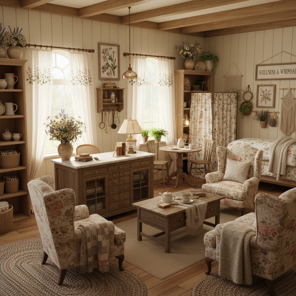 A beautiful Medical Office designed in Cottagecore style. Transform this room into cottagecore while keeping layout. Use vintage-inspired furniture, floral fabrics, handmade accents, warm wood, and soft lighting. Add open shelving with ceramics, fresh flowers, and cozy textures for a pastoral, homey feel. The space features carefully selected furniture, harmonious colors, natural lighting, and thoughtfully placed decorative elements that create a welcoming and aesthetically pleasing atmosphere.