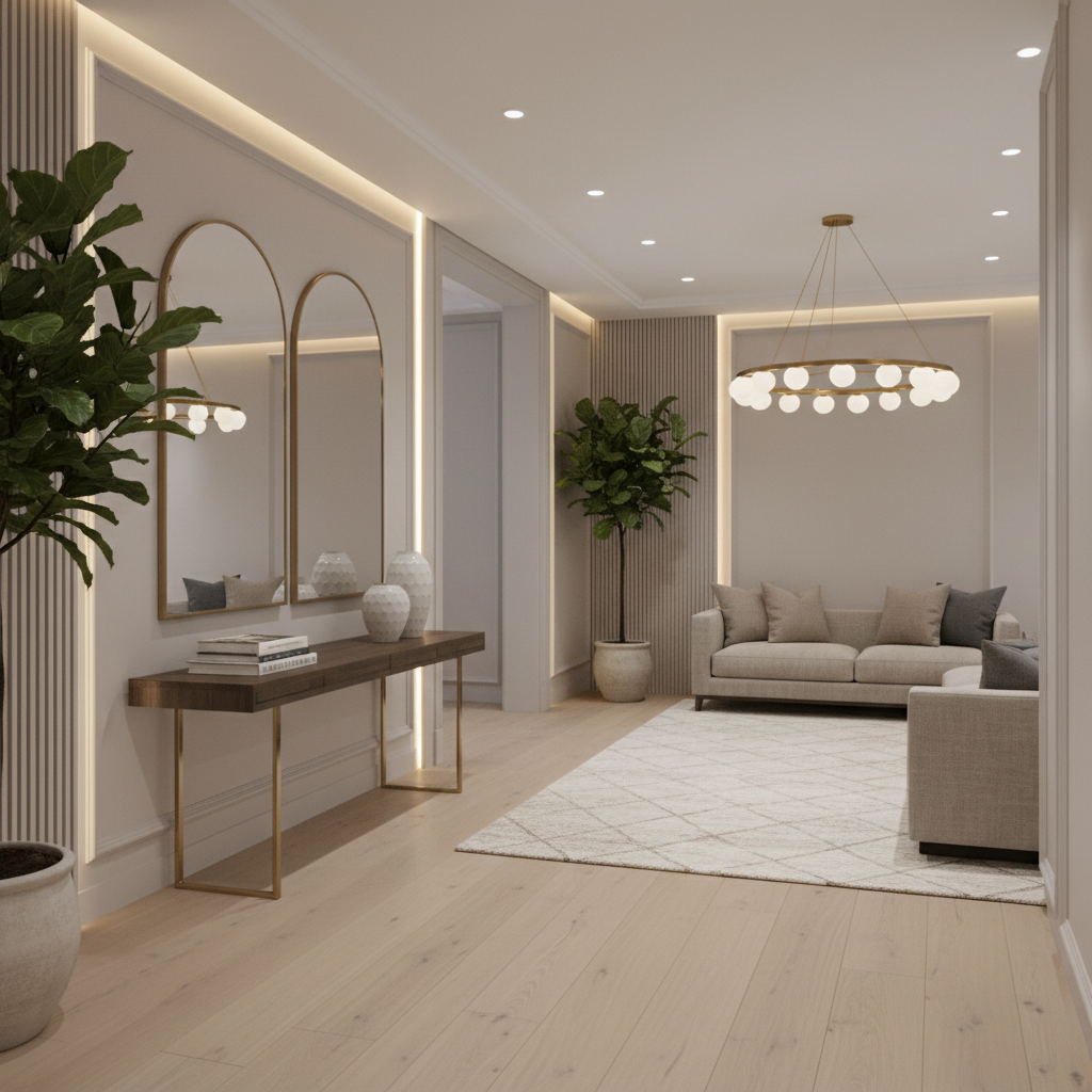 Generate an interior design for a Hallway in Balanced Transitional style, characterized by a neutral color palette, clean lines, and a mix of classic and modern elements. Incorporate a combination of wood tones, metallic accents, and soft lighting to create a sense of warmth and elegance. Use a plush area rug in a neutral hue to define the space and add texture. Incorporate a statement piece, such as a sleek console table or a pair of oversized mirrors, to add visual interest. Balance traditional and modern elements with a neutral-toned sectional sofa and a minimalist chandelier, suspended from the ceiling to create a sense of airiness.