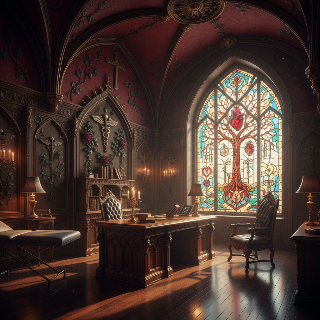 Create a Medical Office in a Gothic Revival style, with a rich, mysterious atmosphere. The space features dark, warm wood paneling on the walls and ceiling, with intricate carvings of medical symbols and foliage. Walls are painted a deep, rich red, with high ceilings adorned with ornate, gilded moldings. The floor is made of dark, polished hardwood, and the furniture is a mix of antique and modern pieces, including a grand, Gothic-style wooden desk and leather-bound armchairs. Soft, warm lighting is provided by candelabras and table lamps, casting flickering shadows on the walls. A stunning, stained glass window at the far end of the room filters the light, casting a kaleidoscope of colors across the space.