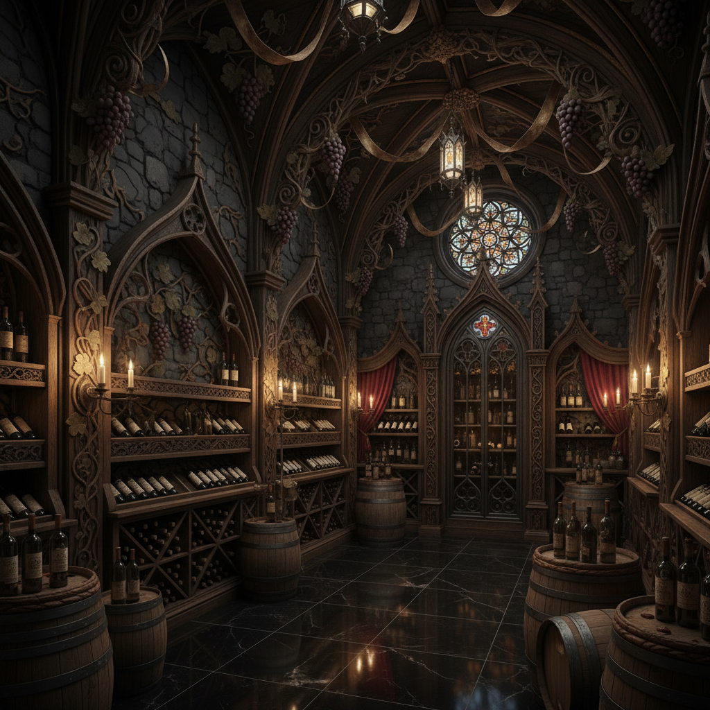 Design a Gothic-inspired Wine Cellar with dark, rich hues and ornate details. The space features exposed stone walls, rough-hewn wooden beams, and intricate carvings of vines and grapes. Dark wood accents, such as espresso-stained oak and walnut, dominate the space, complemented by crimson and burgundy tones. Soft, warm lighting is provided by candelabras and lanterns, casting flickering shadows on the walls. A vaulted ceiling with ribbed arches and ribbons of gold leaf adds to the dramatic ambiance. The floor is made of polished black marble, and wine barrels and ornate wine racks are arranged throughout the space, filled with rows of dusty, leather-bound wine bottles. A grand, carved wooden wine cabinet stands at the far end, adorned with a Gothic-style glass front and a heavy, iron door.