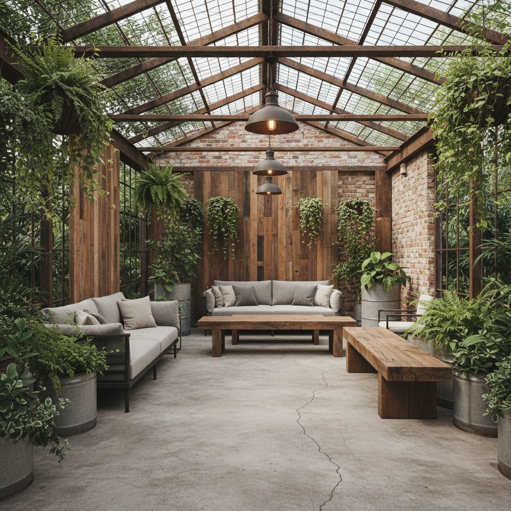 Design a Covered Outdoor Gallery in Soft Industrial style, situated in a lush green setting. The space features a mix of reclaimed wood, metal accents, and industrial materials. The floor is covered with a weathered concrete, and the walls are clad with a combination of exposed brick and reclaimed wood panels. A single story high glass ceiling allows natural light to pour in, while the roof is partially covered with a rustic metal latticework. The space is illuminated by pendant lamps made from metal shades and Edison bulbs, suspended from the ceiling. Comfortable, oversized industrial-style furniture, such as reclaimed wood benches and metal-framed sofas, are arranged throughout the gallery, inviting visitors to linger and take in the surroundings. The color palette is a soothing blend of soft grays, whites, and earthy tones, accented with pops of rich wood tones and industrial metal colors.