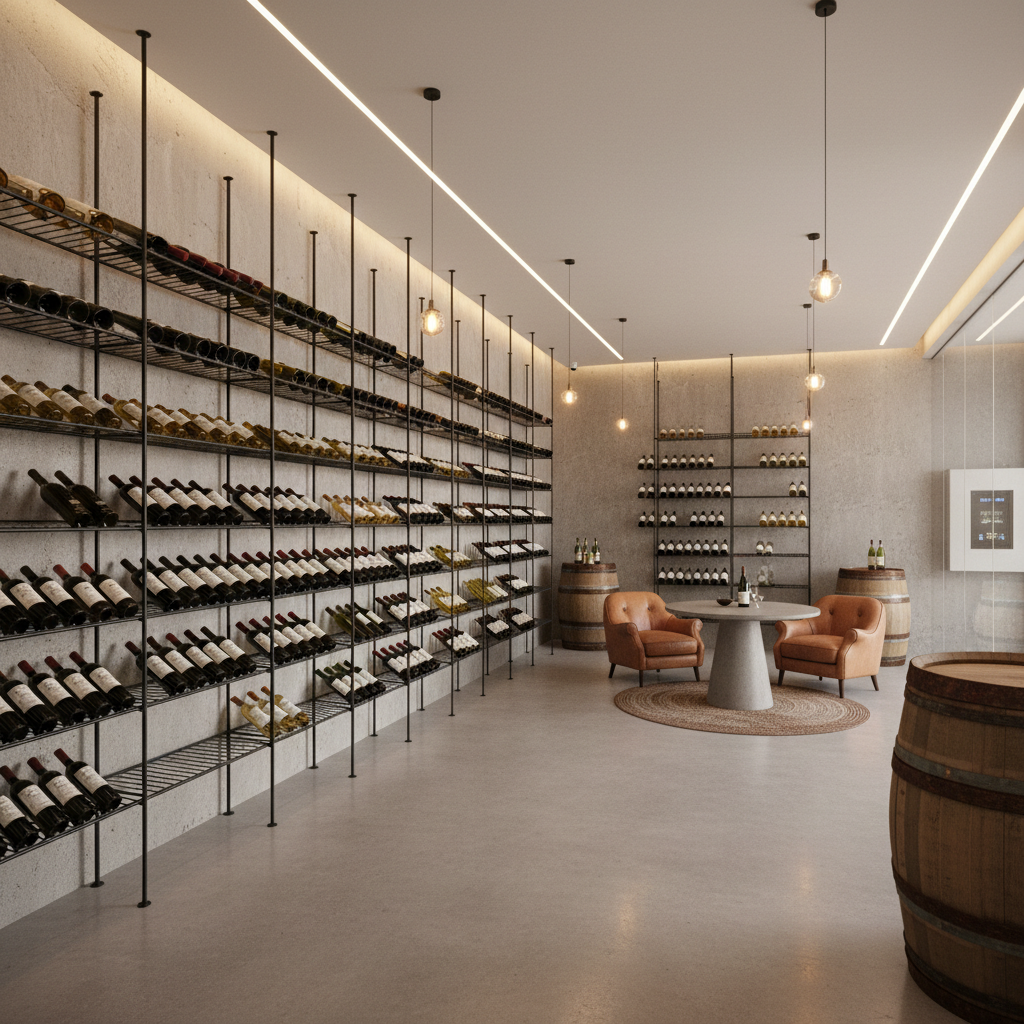 Design a Wine Cellar with a Simple aesthetic, featuring exposed concrete walls, polished concrete floors, and a minimalist steel shelving system. The space is illuminated by warm, soft lighting, with pendant lamps suspended from the ceiling in a subtle, industrial-chic manner. Walls are painted a crisp, neutral white, and the room is climate-controlled to maintain optimal wine storage conditions. A few select pieces of antique, wooden wine barrels are placed strategically throughout the space to add warmth and character, while a small, leather-upholstered wine tasting area provides a cozy spot for sipping and savoring.