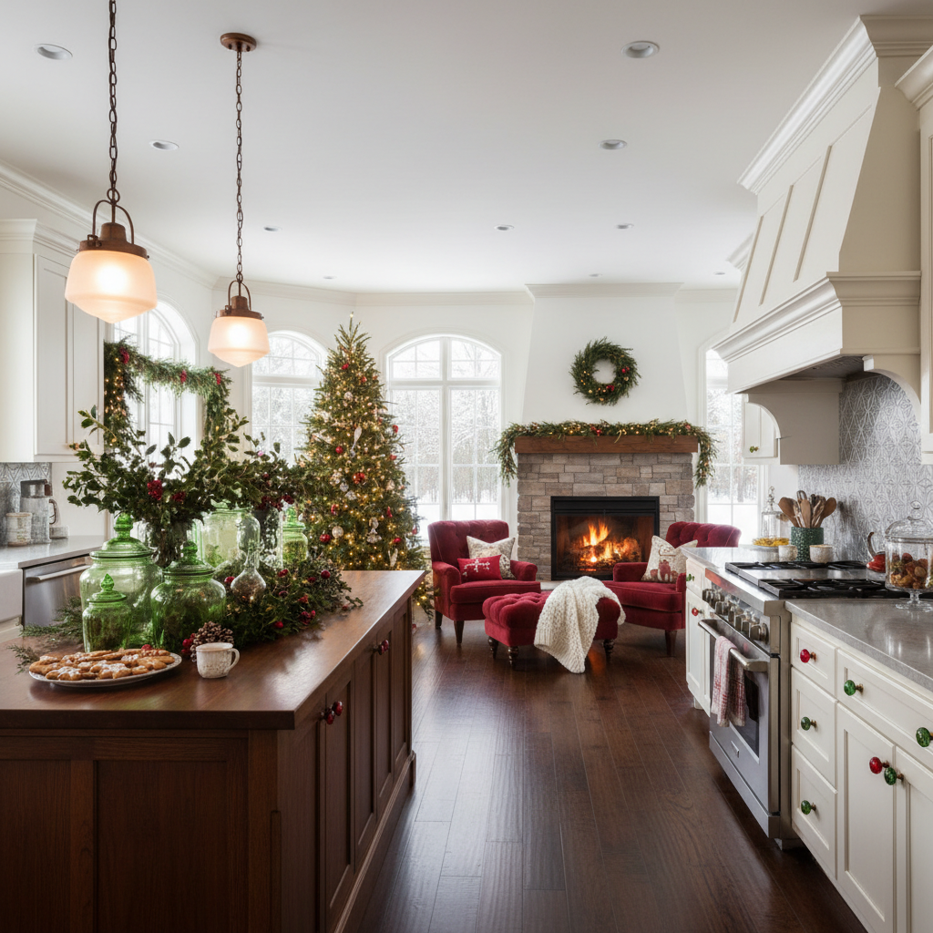 Design a festive Open Integrated Kitchen with a Christmas theme, featuring warm and inviting elements. The space is approximately 12 feet by 15 feet, with high ceilings and large windows. Walls are painted a crisp white, while the floors are made of warm, dark hardwood. The kitchen island is a rich, dark wood tone, adorned with green glass apothecary jars filled with festive holly sprigs and pinecones. The cabinetry is a soft, creamy white, with bold red and green glass knobs. The backsplash is a metallic silver, featuring a geometric pattern of snowflakes and holly leaves. Soft, warm lighting is provided by pendant lamps made of frosted glass and copper, suspended from the kitchen ceiling. A large, gas fireplace is positioned in a cozy nook, surrounded by plush, red velvet armchairs and a matching ottoman. The overall atmosphere is cozy, inviting, and festive, with a hint of winter wonderland magic.