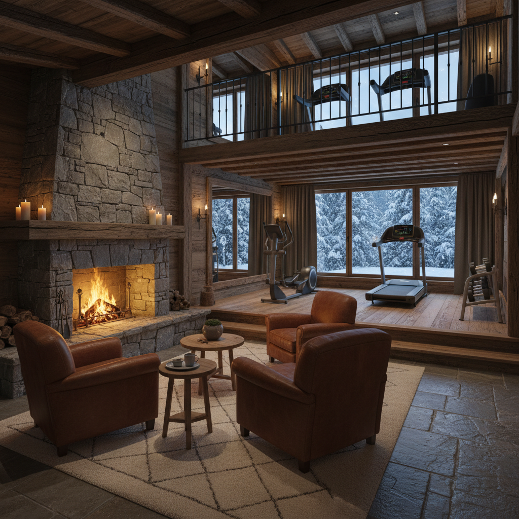 Design a Home Gym nestled within a cozy Snow Chalet, with rustic wooden accents and warm earthy tones. The space features exposed wooden beams, stone walls, and a majestic stone fireplace. Rich leather armchairs and plush area rugs in warm neutrals adorn the lower level, while sleek, modern equipment and mirrors line the upper level, overlooking a tranquil snow-covered forest. Soft, golden lighting and warm candlelight create an inviting ambiance, punctuated by the sound of crackling fire and gentle snowfall outside. The atmosphere is snug and welcoming, perfect for post-workout relaxation and rejuvenation.