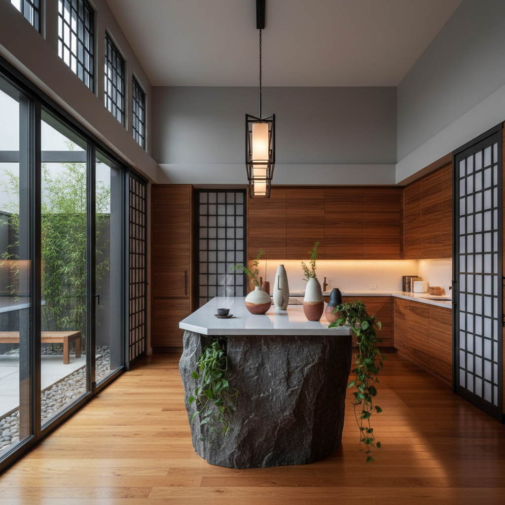 Design a serene Open Integrated Kitchen in Zen style, with a seamless flow of materials and colors. The space features a warm, honey-colored wooden floor, accented with dark gray shoji screens and sliding glass doors that lead to a tranquil outdoor seating area. Walls are painted a soothing soft gray, while cabinets are crafted from rich, figured wood, with a subtle warm glow from LED lighting that mimics the soft light of a sunset. A dramatic stone island serves as a focal point, surrounded by plush greenery and a few carefully placed, sculptural ceramic vases. A crisp white quartz countertop provides a clean contrast to the warm tones, and a minimalist, geometric pendant light hangs from the ceiling, casting a soft, diffused glow over the space. The atmosphere is one of calm contemplation, inviting the cook to be fully present in the moment.