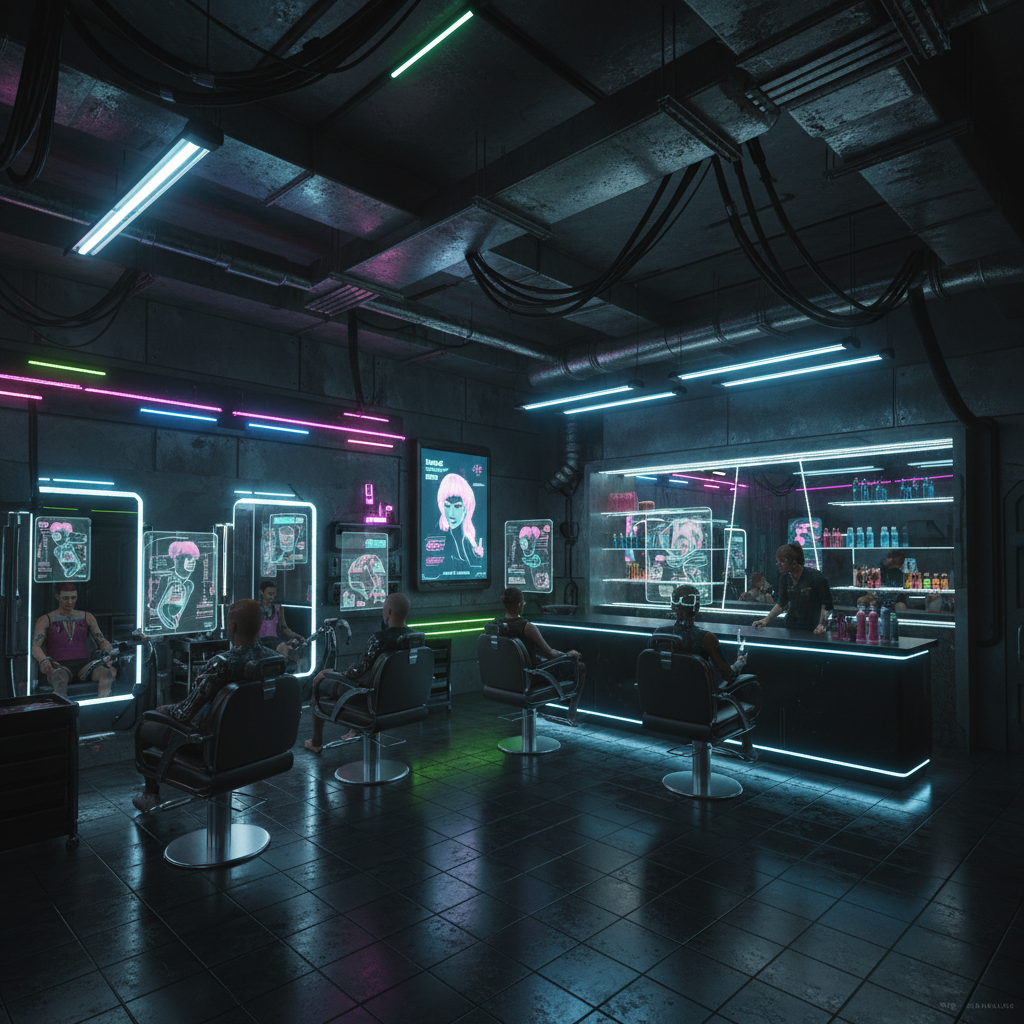 Design a futuristic hair salon in the gritty, high-tech world of Cyberpunk. The space is a dimly lit, neon-lit lair with exposed ductwork and metallic accents. Walls are adorned with holographic advertisements and pulsing LED strips. The floor is made of polished black concrete, with a subtle grid pattern etched into the surface. Clients sit on sleek, chromed-out salon chairs, surrounded by holographic displays and sleek, minimalist decor. A bar serves as a counter, with a LED-lit mirror behind it. The atmosphere is edgy and futuristic, with the hum of machinery and the glow of neon lights creating an immersive experience. Incorporate metallic colors like chrome, silver, and black, with accents of bright, neon hues.
