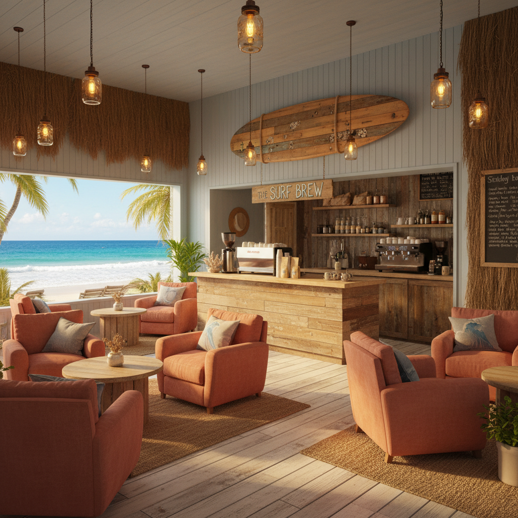 Design a cozy Coffee Shop with a Surf Shack vibe, reminiscent of a beachside retreat. The space features reclaimed wood accents, distressed finishes, and nautical elements. Walls are painted a soothing light blue, complemented by natural textures like woven sea grass and jute. Comfortable, plush sofas and armchairs in a faded coral hue are arranged around low tables, creating intimate conversation nooks. Warm, golden lighting comes from pendant lamps made from mason jars and Edison bulbs. A statement wall features a large, reclaimed wood surfboard, while a floor-to-ceiling window showcases a stunning ocean view, bringing the outdoors in.