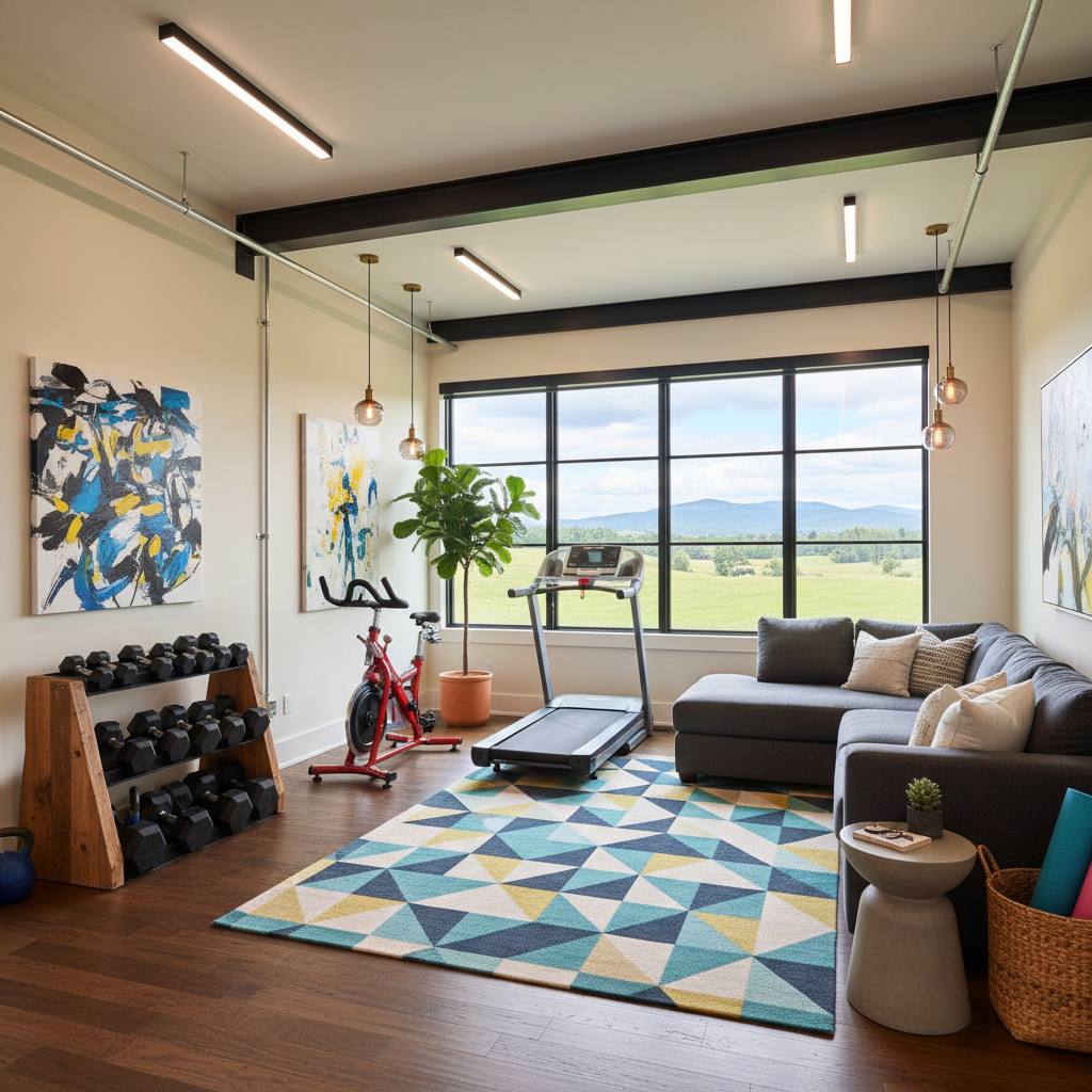 Design a Home Gym that blends modern functionality with eclectic flair, evoking a sense of dynamic energy. The space features a neutral color palette with pops of bold, contrasting hues. Walls are painted a warm, creamy white (Benjamin Moore's Simply White), and floors are made of dark hardwood, complemented by industrial-chic metal accents. A statement piece, a reclaimed wood weights rack, adds warmth and texture. A sleek, minimalist treadmil stands alongside a vibrant, retro-style exercise bike, its cherry-red frame a fun pop of color. Floor-to-ceiling windows allow for natural light and offer a scenic view of the outdoors. The space is illuminated by a combination of overhead LED lighting and warm, pendant-style fixtures above the exercise stations. A plush, oversized sectional sofa in a deep, rich gray (Farrow & Ball's Elephant's Breath) invites relaxation and lounging after a workout, while a geometric-patterned area rug in shades of turquoise and yellow adds visual interest and playfulness.