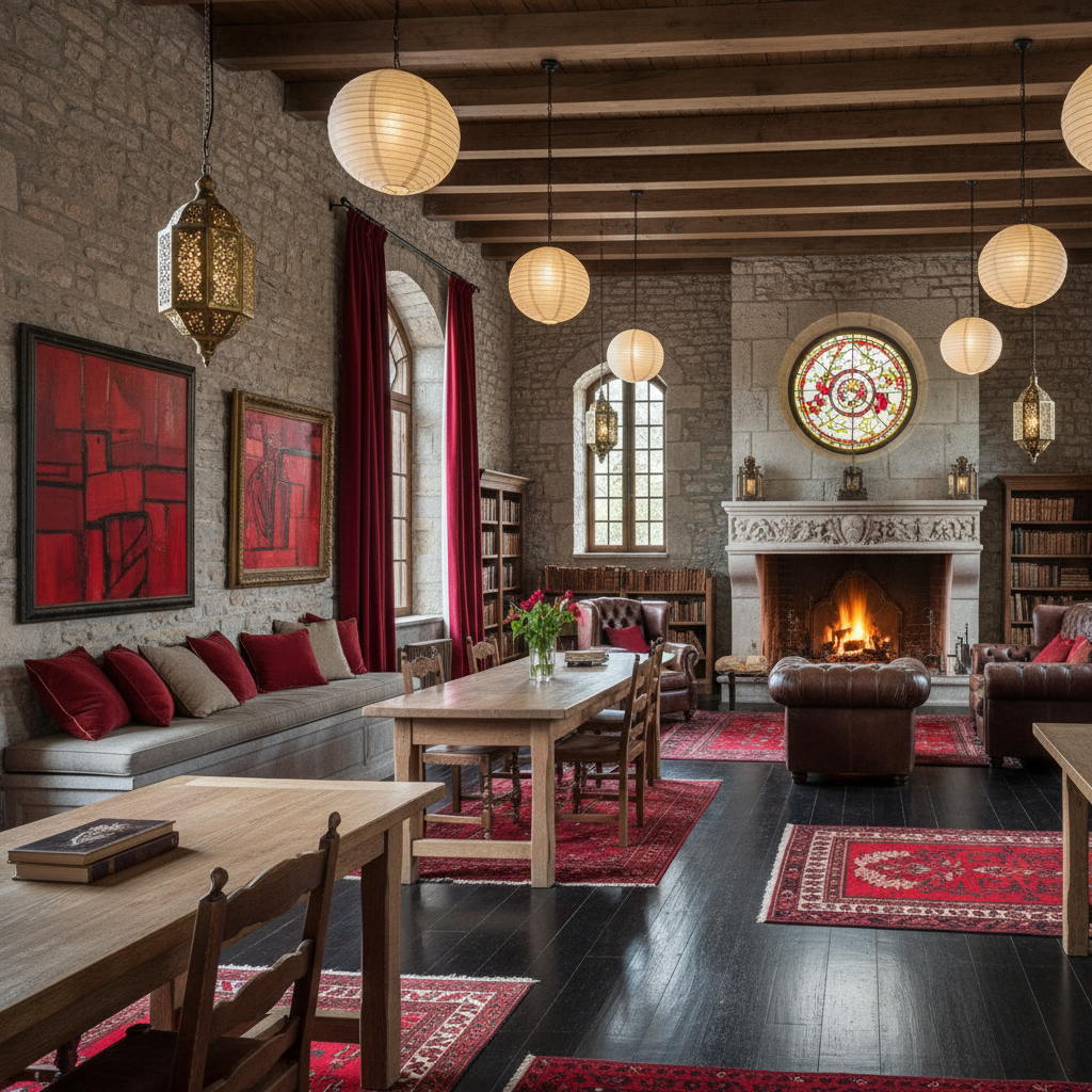Créez un espace de lecture avec un caractère rural, dans le style des Pays de la Loire, avec des éléments traditionnels tels que des murs en pierre calcaire, des planchers en bois d'ébène et des meubles en chêne. Le décor sera dominé par des tons de gris et de beige, avec des accents de rouge vif par les tapis, les rideaux et les objets d'art. Des lumières en papier peint et des lanternes en métal doré ajouteront une touche de chaleur et de sophistication. Le mobilier sera élégant, avec des chaises en cuir et des tables en bois, conçu pour accueillir des lecteurs assis à la haute table ou couchés sur des bancs de pierre.