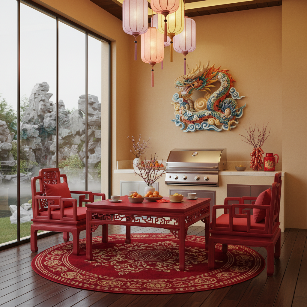 Design a vibrant Grill Area for Chinese New Year celebrations, infused with traditional colors and motifs. The space is nestled in a modern home, with large windows offering a glimpse of a serene garden. Walls are painted a warm, golden hue (#F7D2C4), while the floor is made of dark hardwood, adding depth and warmth. Red lacquer furniture, adorned with intricate carvings, sits atop a plush area rug in rich, crimson red. Hanging lanterns in soft, pastel pink and gold illuminate the space, casting a festive glow. A statement piece, a stunning ceramic dragon, stands guard above the grill, its vibrant colors and ornate details a testament to the joy and prosperity of the Lunar New Year.