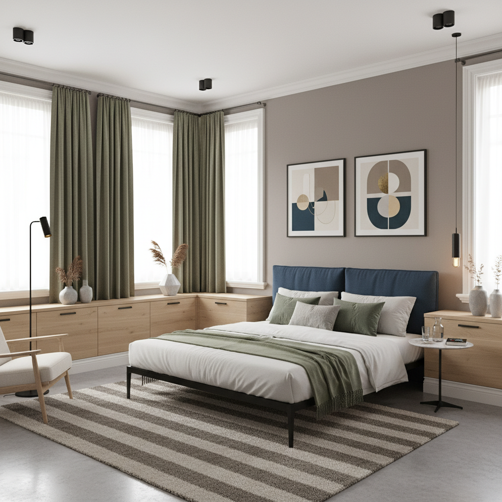 A beautiful Master Bedroom designed in Modern Contemporary style. Transform this interior space into modern contemporary style while preserving the original room layout, walls, windows, and architectural features. Use a neutral base of warm gray and soft white with one or two accents such as petrol blue or olive green. Choose clean lined, low profile furniture mixing wood, matte black metal and plain upholstery. Add modular storage and a light side table. Include simple geometric artwork, textured cushions and floor length curtains. Use dimmable lighting with adjustable spots and a focused pendant above the table. The space features carefully selected furniture, harmonious colors, natural lighting, and thoughtfully placed decorative elements that create a welcoming and aesthetically pleasing atmosphere.