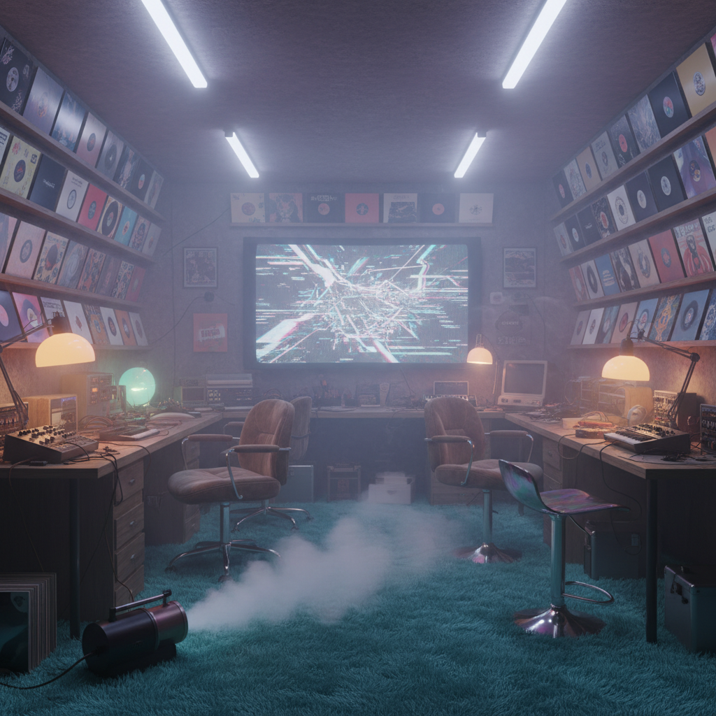 Imagine a dimly lit, retro-futuristic Creative Workshop bathed in a haze of pastel colors, with walls adorned in vinyl records, cassette tapes, and VHS tapes. The floor is covered in a plush, turquoise shag carpet, and the air is filled with the sweet scent of incense. Flickering fluorescent lights overhead cast an otherworldly glow on the space, while a fog machine wafts a misty aura around the room. The walls are lined with worn, wooden desks, and the furniture is a mishmash of vintage office chairs, ergonomic stools, and mismatched, retro-futuristic lamps. A large, distorted video screen hangs on one wall, displaying a never-ending loop of glitch art and VHS distortion. The overall atmosphere is one of surreal, nostalgic unease, inviting creatives to lose themselves in a sea of analog detritus and retro-futuristic dreams.
