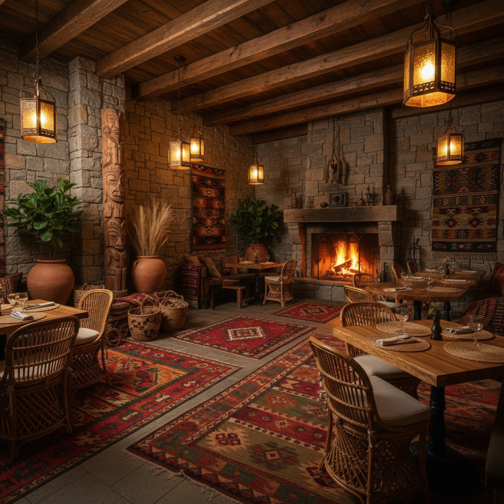 Generate an interior design for a restaurant that embodies the warmth and vibrancy of a traditional tribal culture, set in a cozy, rustic lodge-style building with natural stone walls and a reclaimed wood ceiling. Earthy tones and rich textures predominate, with terracotta-colored clay pots and woven rattan furniture adding organic warmth. Warm golden lighting emanates from lantern-style pendant lights and a roaring stone fireplace, while natural fibers like jute and sisal rugs in deep earthy hues cover the floors. A statement piece, a hand-carved wooden totem pole stands near the entrance, surrounded by woven baskets and richly patterned Kilim rugs, infusing the space with the essence of the great outdoors.