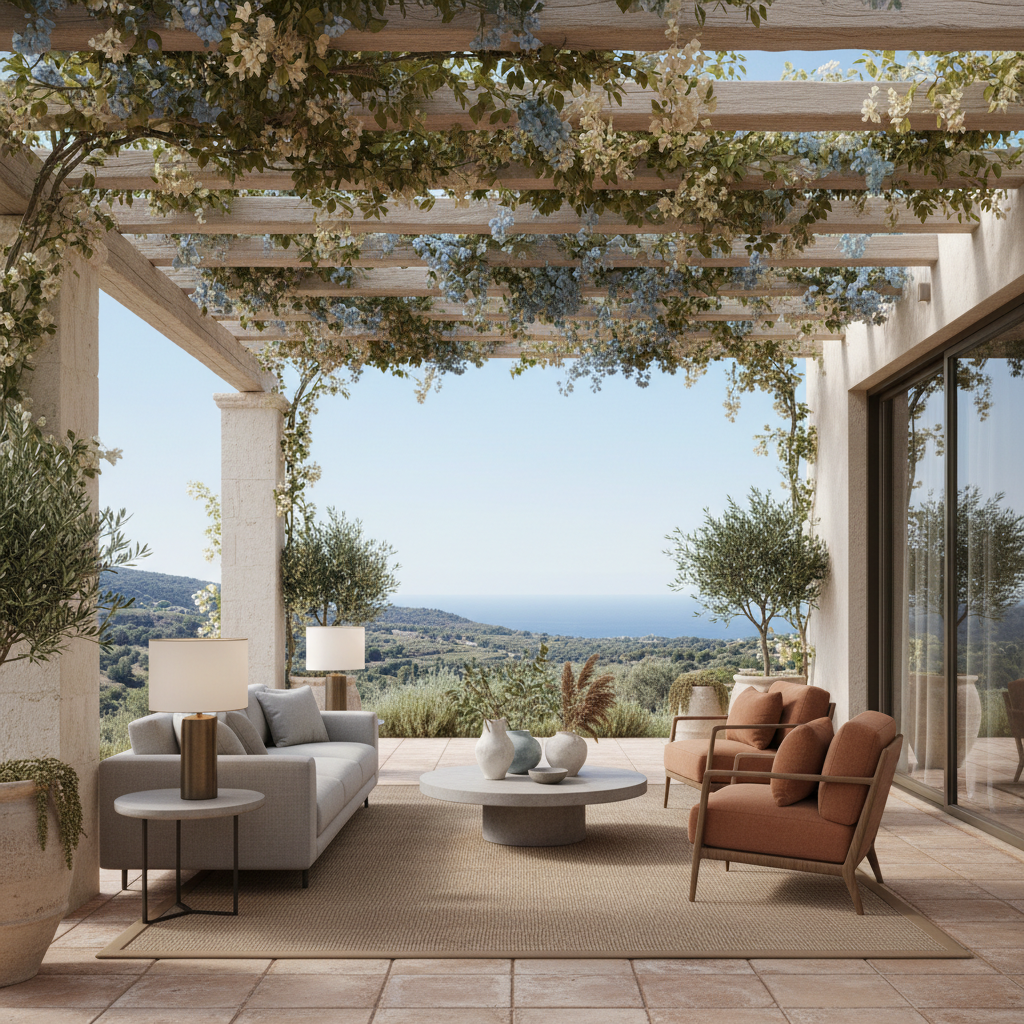 Design a contemporary Mediterranean-style terrace with a neutral color palette, blending warm terracotta tones with soft whites and creamy blues. The space features a cantilevered wooden pergola with living vines and lush greenery, providing shade and texture. A sleek, low-profile sofa in a light gray hue is placed against a stone column, accompanied by a pair of accent armchairs in a warm terracotta color. The floor is covered with a natural sisal rug in a weathered wood tone. Table lamps with bronze bases and white linen shades add warmth and ambiance, while a floor-to-ceiling glass door frames the breathtaking views of the surrounding landscape, set against a backdrop of clear blue skies.