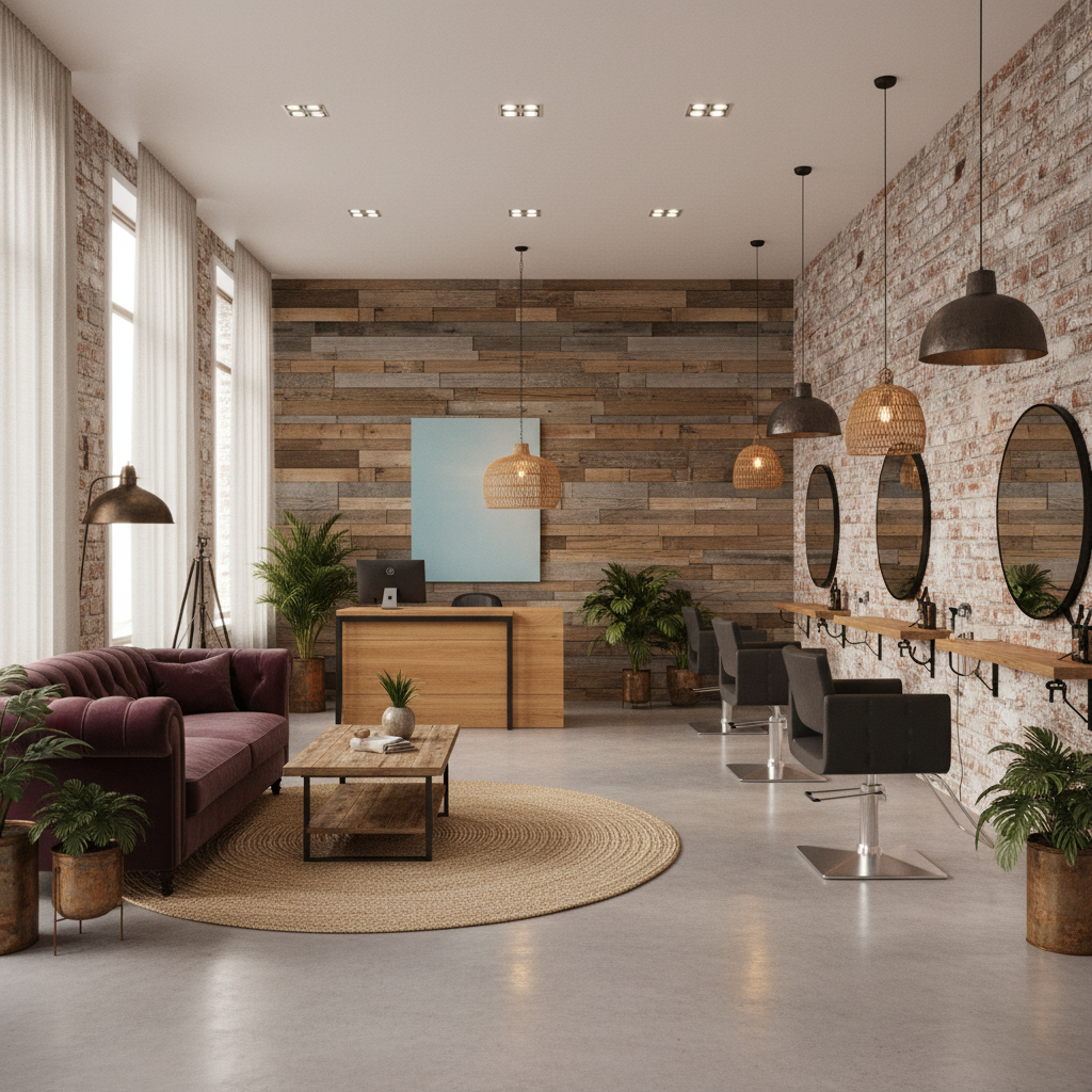 Design a Hair Salon in Modern Rustic style, featuring distressed wooden accents, exposed brick walls, and metal accents. The color palette includes earthy tones such as weathered wood, moss green, and sky blue. Soft, warm lighting is provided by pendant lamps made from natural materials like woven rattan and metal. Comfortable seating areas are created with plush, velvet sofas in a deep, rich burgundy color, paired with reclaimed wood coffee tables and floor lamps adorned with vintage metal shades. Natural textiles such as jute rugs and linen napkins add warmth to the space, while a statement wall featuring a reclaimed wood panel serves as a backdrop for the reception desk, where a sleek, modern console table in a warm, honey-colored wood complements the rustic elements.