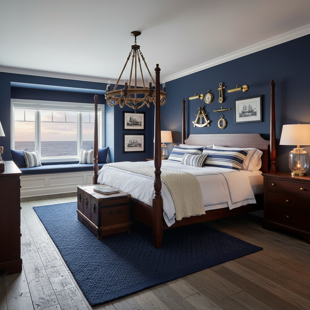 Design a Master Bedroom with a nautical theme, reminiscent of a classic sailing vessel. The room is painted a soothing navy blue (Benjamin Moore's "Hale Navy") and features crisp white trim and ceilings. Reclaimed wooden planks in a weathered gray finish line the floor, while dark walnut furniture adds warmth. A plush navy blue area rug with a subtle rope pattern anchors the space. A stunning nautical-themed chandelier made from metal ropes and wooden dowels hangs above the king-sized bed, which is dressed in crisp white linens and a navy blue striped duvet cover. The walls are adorned with vintage navigation instruments and framed nautical prints, while a floor-to-ceiling window seat with a plush navy blue cushion invites relaxation. Warm golden lighting casts a cozy glow, evoking the feeling of a seaside retreat.