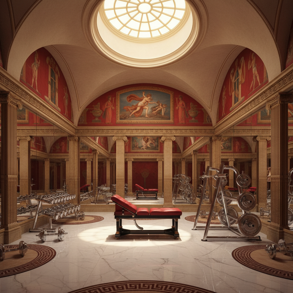 Imagine a grand, high-ceilinged Home Gym in the Neoclassical style, inspired by ancient Greek and Roman architecture. The space is illuminated by a soaring, elliptical skylight, casting a warm, golden light on the polished white marble floors. Walls are adorned with rich, crimson-red frescoes, while elegant, gilded wooden columns support a vaulted ceiling. A stately, crimson leather-upholstered exercise bench sits atop a base of gleaming, dark wood, accompanied by a gleaming, polished chrome weightlifting rack. Walls lined with floor-to-ceiling, ornate mirrors reflect the space, while a stunning, hand-painted fresco above the bench depicts a mythological scene of Apollo and Daphne. The atmosphere is one of classic elegance and refined athleticism, inviting the enthusiast to engage in rigorous exercise amidst a setting of timeless beauty.