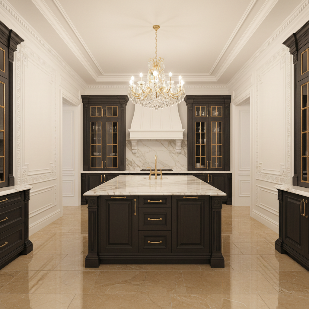 Design a kitchen in the Neoclassical style, featuring a grand, symmetrical layout with a large central island. The walls are painted a soft, creamy white (Benjamin Moore's "Snowfall White") and adorned with intricately carved, Greek-inspired moldings. The floors are made of warm, honey-colored marble (Calacatta Verona) and feature a subtle, honed finish. The cabinetry is crafted from rich, dark wood (Espresso-stained walnut) with ornate, gold hardware. A stunning, crystal chandelier hangs from the ceiling, casting a warm, elegant glow. The atmosphere is refined and sophisticated, evoking the grandeur of ancient Greece.