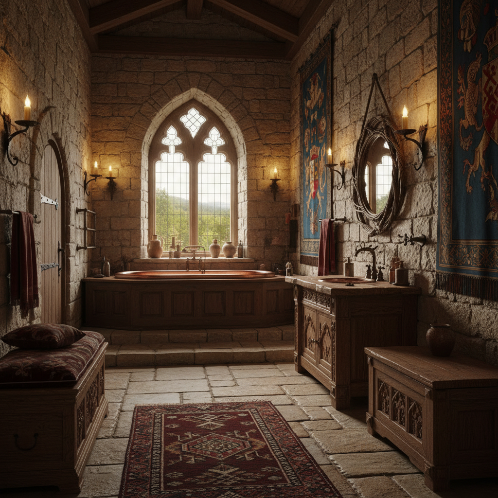 A beautiful Bathroom designed in Medieval style. Restyle this interior into medieval style while preserving walls. Use heavy wood furniture, stone textures, wrought iron hardware, and deep colors. Add tapestries, candle-like lighting, and arched motifs for a historic ambiance. The space features carefully selected furniture, harmonious colors, natural lighting, and thoughtfully placed decorative elements that create a welcoming and aesthetically pleasing atmosphere.
