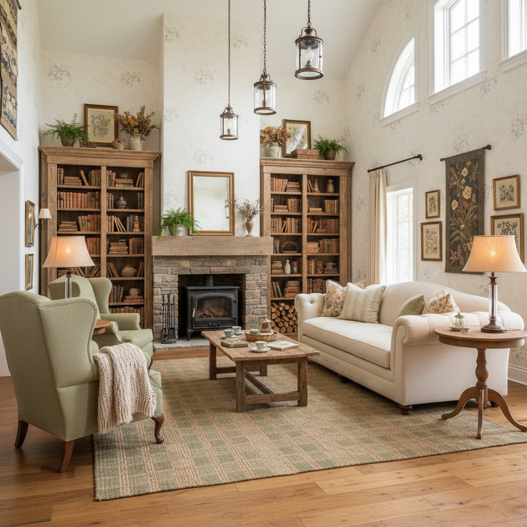 Design a Main Living Room in Cottagecore style, featuring a warm and inviting atmosphere. The space is approximately 15 feet by 20 feet, with a high ceilings and large windows. Walls are painted a soft, creamy white (Benjamin Moore's "Snowfall White") and adorned with vintage floral patterns and natural textures. A plush, cream-colored sectional sofa with rolled arms and tufted details is placed against a built-in bookshelf lined with distressed wood and antique books. The floor is made of wide-plank hardwood in a warm, honey-brown finish, complemented by a natural fiber area rug in a muted green and beige color palette. Table lamps with soft linen shades and metal lantern-style pendant lights suspended from the ceiling add warm, cozy lighting. A stone fireplace with a wood-burning insert is the focal point, surrounded by comfortable armchairs and a vintage-inspired wooden side table. The overall aesthetic is one of rustic charm and effortless elegance, evoking a sense of relaxation and