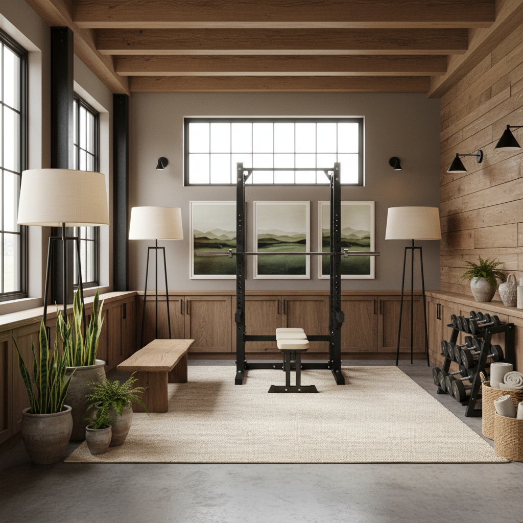 A beautiful Home Gym designed in Modern Rustic style. Transform this interior space into modern rustic style while keeping the original room layout, walls, windows, and architectural features intact. Combine wood with pronounced grain, heavy textiles and black iron. Use a palette of cream, warm gray and mid brown. Add a solid wood bench or side table, fabric shade lamps and utilitarian ceramics. Use concealed storage to avoid overcrowding. Include plants and understated landscape artwork. The space features carefully selected furniture, harmonious colors, natural lighting, and thoughtfully placed decorative elements that create a welcoming and aesthetically pleasing atmosphere.