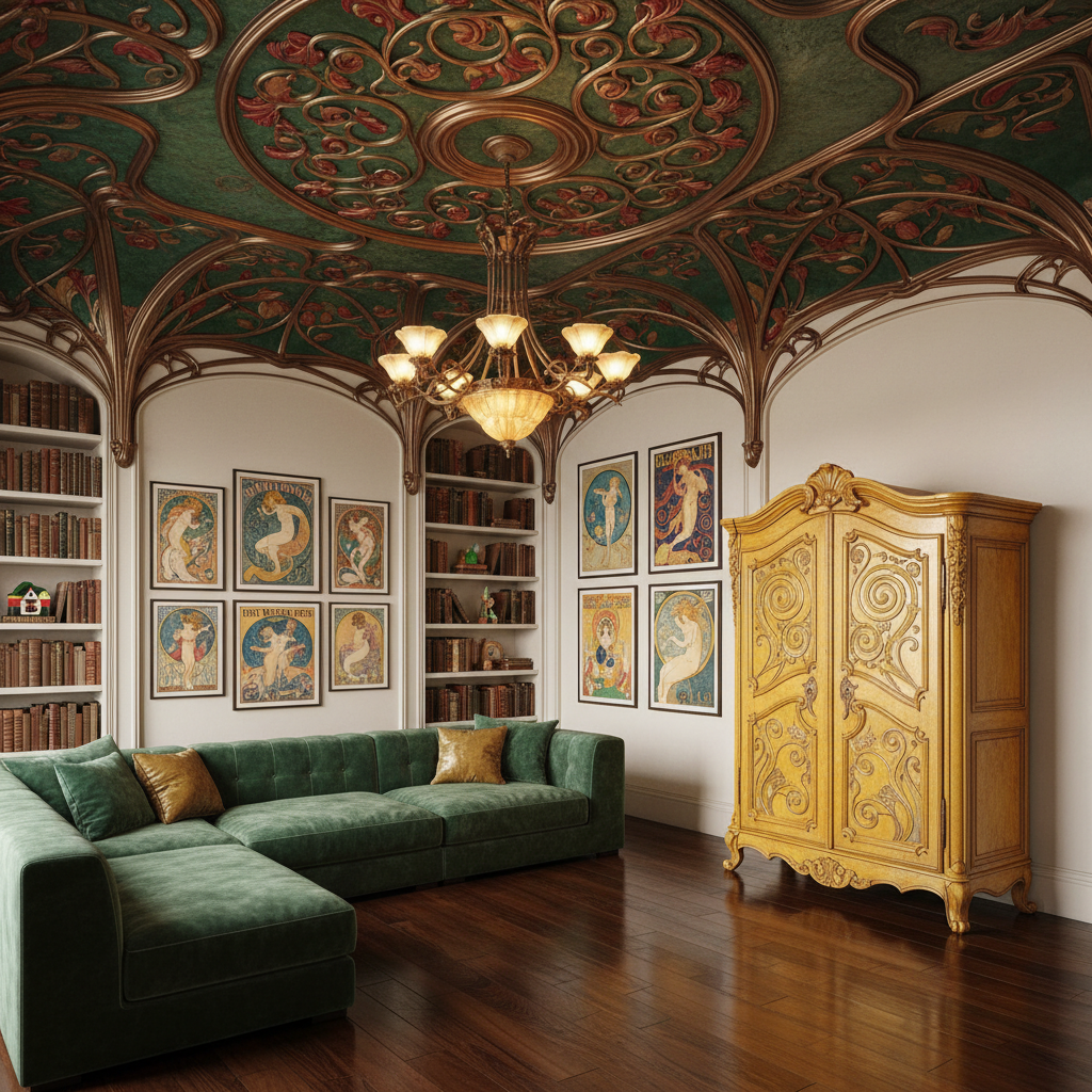 Design a vibrant playroom in Art Nouveau style, inspired by the works of Alphonse Mucha and Gustav Klimt, with a color palette of rich emerald green, golden yellow, and deep crimson. The space features a soaring ceiling adorned with organic, flowing metalwork and intricate floral patterns. Walls are painted a soft, creamy white, while floors are made of rich, dark hardwood. A plush, oversized sectional sofa in emerald green velvet is nestled against a floor-to-ceiling bookshelf lined with leather-bound volumes and vintage poster art. A beautiful, hand-carved wooden armoire in golden yellow finishes serves as a toy storage unit, while a stunning, Art Nouveau-inspired chandelier hangs from the ceiling, casting a warm, golden glow over the space.
