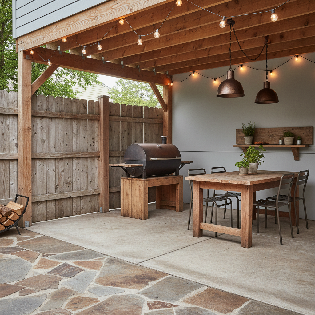 Design a rustic Simple-style Barbecue Area with a focus on functionality and comfort. The space features a rectangular-shaped concrete slab with a natural stone inlay pattern, surrounded by a weathered wood fence. The walls are painted a soothing light gray (e.g. Sherwin-Williams' "Comfort Gray"), while the ceiling is left exposed with a warm, beige-colored wood beam. A large, cylindrical gas barbecue sits atop a wooden platform, accompanied by a sturdy wooden table and two metal chairs. The outdoor area is illuminated by a combination of warm, pendant-style metal lanterns and string lights, casting a cozy ambiance. The overall aesthetic is relaxed and casual, evoking a sense of summertime gatherings and outdoor entertaining.