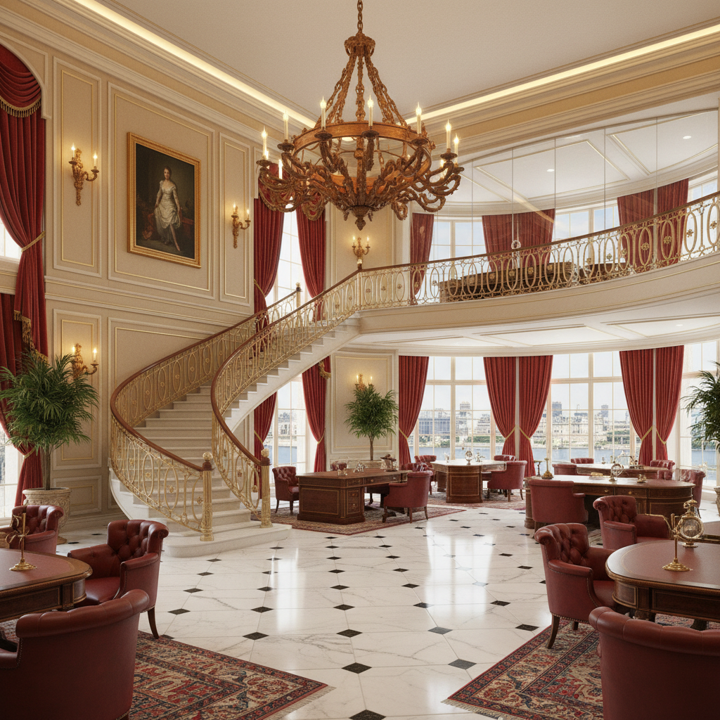 Design a corporate office in the French Classic style, evoking the grandeur of 18th-century aristocracy. The space features a high-ceilinged reception area with a majestic wooden chandelier, suspended above a polished marble floor. Walls are painted a warm cream color, complemented by rich red velvet drapes and ornate gold accents. A sweeping staircase curves up to a mezzanine level, where a glass-enclosed executive suite offers breathtaking views of the city. The main work area is filled with comfortable, tufted leather armchairs and polished mahogany desks, arranged around a central, sweeping curve of floor-to-ceiling windows. A subtle, warm glow emanates from recessed candelabras, casting a sophisticated ambiance.