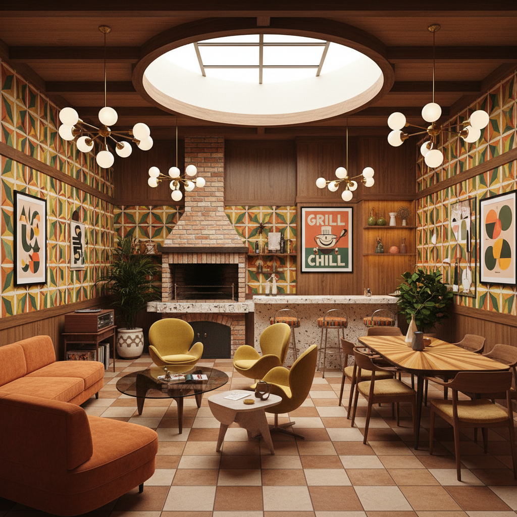 A beautiful Barbecue Area designed in Retro style. Transform this room into a retro interior while keeping the structure intact. Use mid-century inspired shapes, warm woods, bold graphic patterns, and vintage color pops. Add period lighting, iconic silhouettes, and playful art for a nostalgic vibe. The space features carefully selected furniture, harmonious colors, natural lighting, and thoughtfully placed decorative elements that create a welcoming and aesthetically pleasing atmosphere.