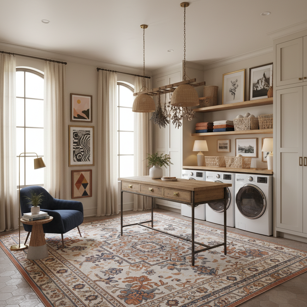 A beautiful Laundry Room designed in Balanced Eclectic style. Transform this interior space into balanced eclectic style while keeping the original room structure, walls, windows, and architectural elements intact. Select a warm neutral base palette and keep one or two consistent accents. Mix furniture from different eras while keeping similar heights and repeating materials. Group objects by color or theme. Use art as the common thread. Layer lighting and use a large rug to unify. Tidy cables and limit the number of items per surface. The space features carefully selected furniture, harmonious colors, natural lighting, and thoughtfully placed decorative elements that create a welcoming and aesthetically pleasing atmosphere.