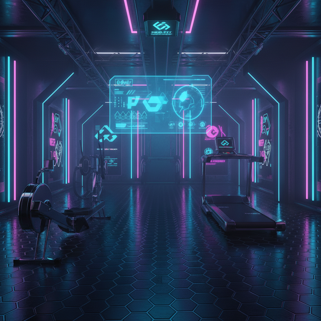 Design a dimly lit, high-tech Home Gym in a Cyberpunk aesthetic, where neon lights and metallic accents immerse the space in a futuristic atmosphere. The room features a sleek, black carbon fiber floor, adorned with a metallic grid pattern that glows with a soft blue light. A gleaming, mirror-finish treadmill and rowing machine stand against one wall, while a neon-lit, holographic display system floats above the floor. The space is punctuated by angular, industrial-chic metal accents and holographic advertisements that flicker and pulse with a mesmerizing rhythm. The air is thick with the hum of machinery and the distant thrum of electronic music, as the space seems to pulsate with the energy of a high-stakes cyber-club.