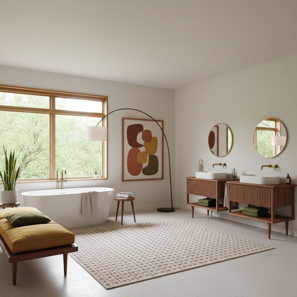 A beautiful Bathroom designed in Contemporary Mid-Century style. Transform this interior space into current mid-century style while maintaining the original room layout, walls, windows, and architectural features. Use walnut or teak, tapered legs and organic lines. Keep a warm palette with mustard, terracotta and olive green. Add a tripod or arc lamp, simple abstract art and textiles with a discreet geometric pattern. Improve comfort with firm cushions and a low pile rug. Avoid too many vintage pieces and prioritize function. The space features carefully selected furniture, harmonious colors, natural lighting, and thoughtfully placed decorative elements that create a welcoming and aesthetically pleasing atmosphere.