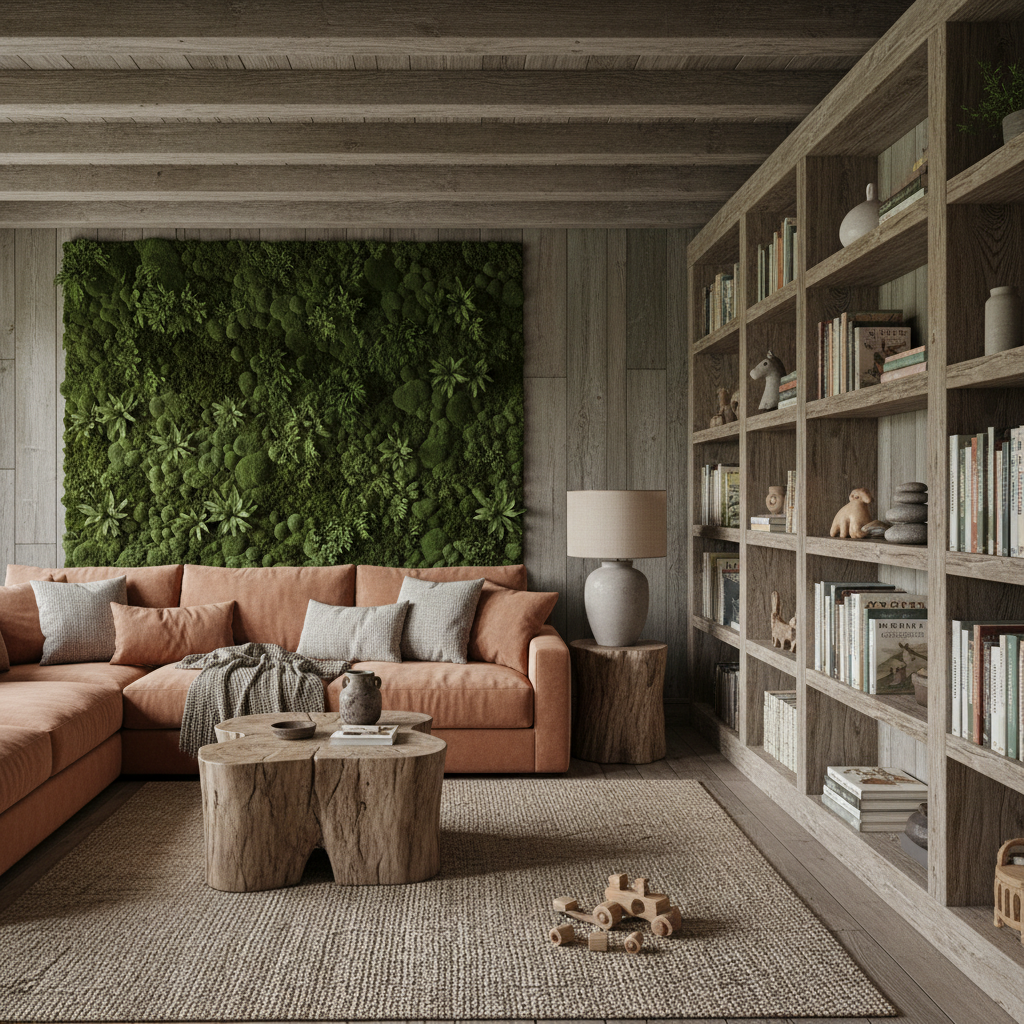 Envision a cozy Playroom with a Wabi-Sabi aesthetic, where natural materials and imperfections create a soothing atmosphere. The space features weathered wooden beams and reclaimed wood paneling on walls, accented with soft, muted colors such as mossy green and driftwood gray. A plush, oversized sectional sofa in a warm, earthy tone is arranged around a low-slung coffee table made from a beautifully worn wooden stump. Soft, diffused lighting emanates from table lamps with natural linen shades, while a stunning, moss-covered living wall adds a touch of organic elegance. A floor-to-ceiling bookshelf is constructed from rough-hewn wooden planks, displaying a curated selection of vintage children's books and decorative accents.