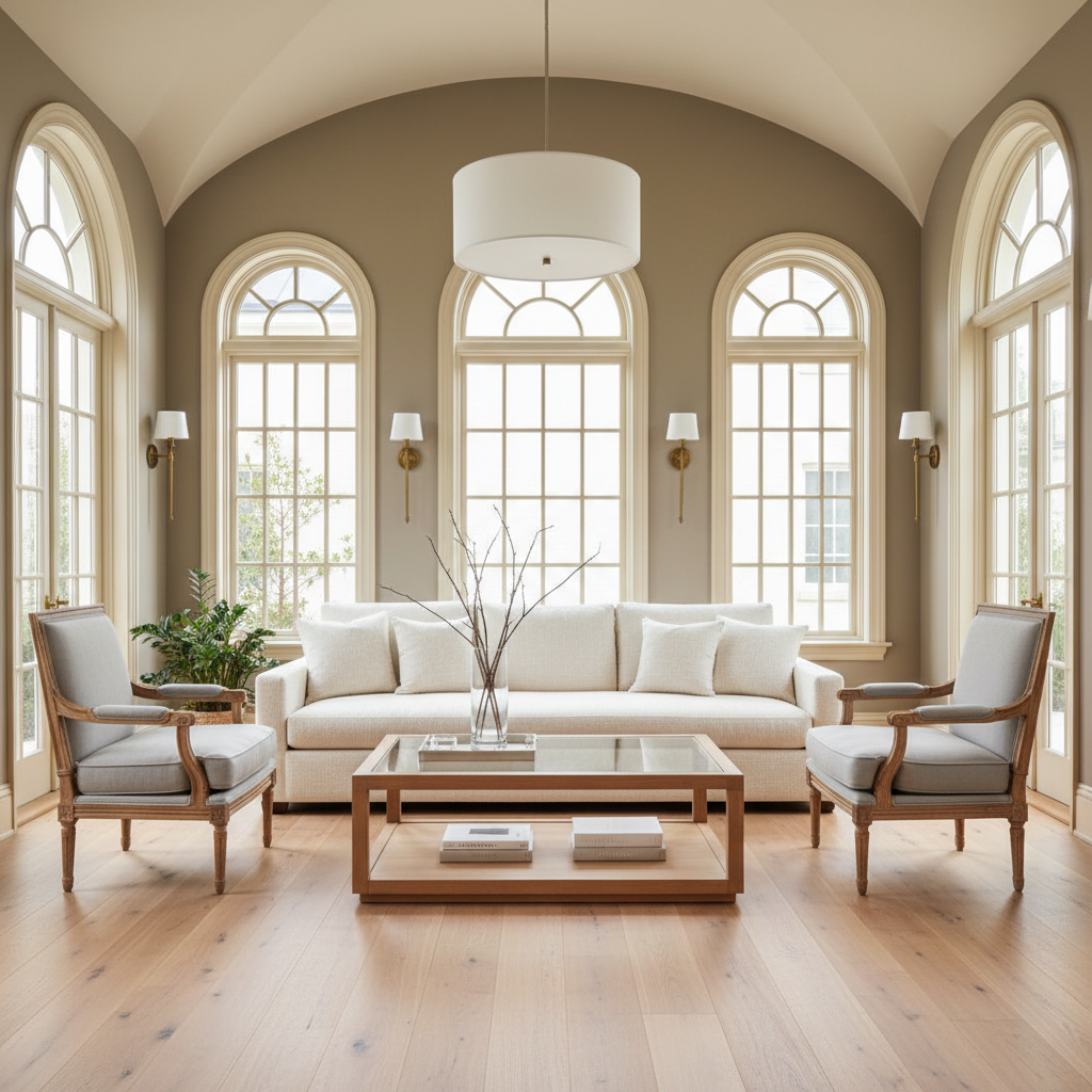 A beautiful Patio designed in Balanced Transitional style. Transform this interior space into balanced transitional style while keeping the original room structure, walls, windows, and architectural elements intact. Use a light base in ivory and warm gray with mid tone wood. Combine a contemporary sofa with reupholstered classic armchairs and a clean coffee table. Keep plain textiles with one hero texture. Add a modern pendant and classic wall lights. Limit accessories to quality pieces such as a tray, books and a vase with branches, keeping everything airy and orderly. The space features carefully selected furniture, harmonious colors, natural lighting, and thoughtfully placed decorative elements that create a welcoming and aesthetically pleasing atmosphere.