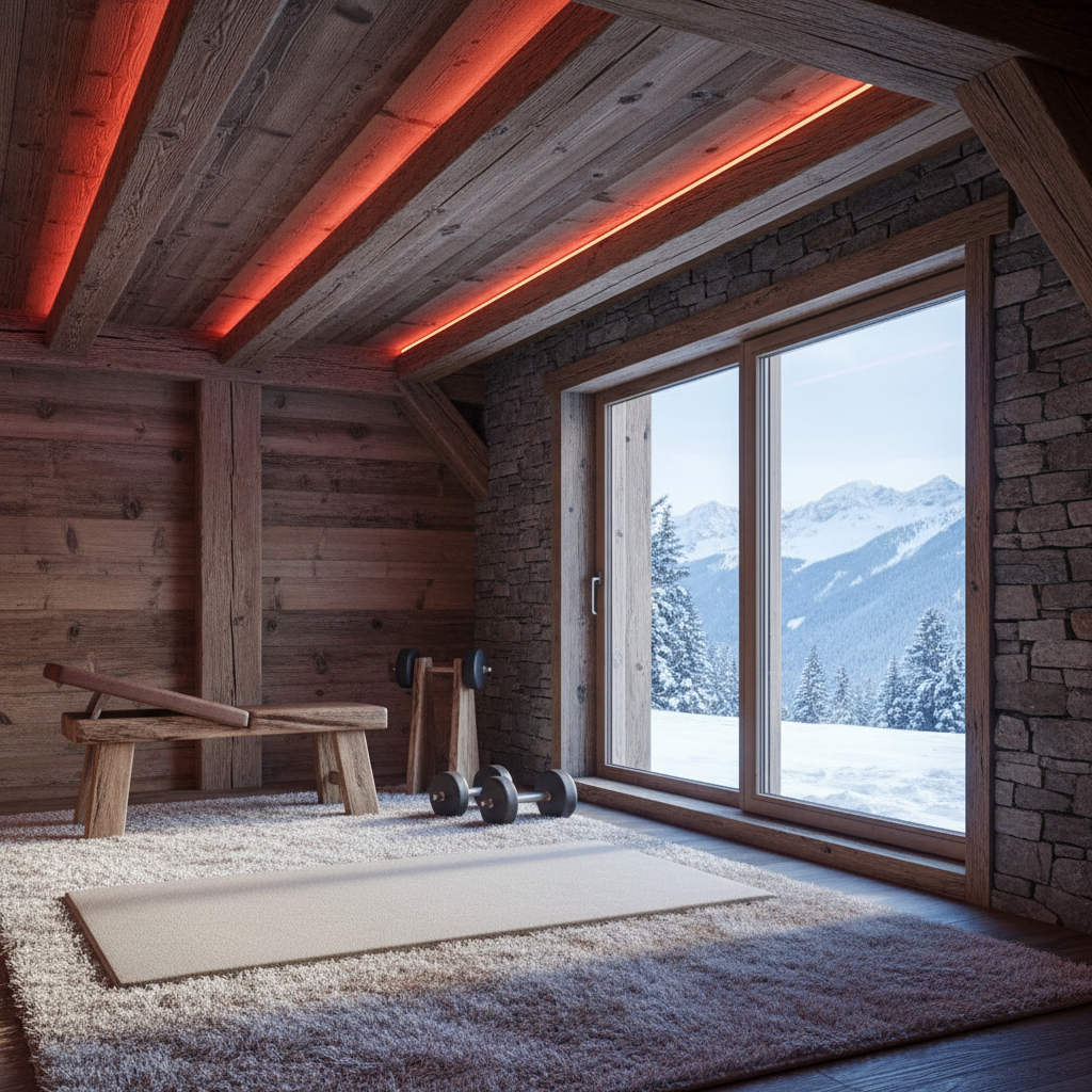 Design a cozy Home Gym nestled in a Snow Chalet, with rustic wooden accents and warm earthy tones. The space features a plush area rug in a natural fiber, surrounded by richly textured stone walls and wooden beams. The room is illuminated by soft, warm LED lighting that simulates a crackling fireplace. A sturdy wooden exercise bench and wooden-legged free weights stand against a reclaimed wood accent wall, while a plush, oversized exercise mat in a neutral tone covers the floor. The space is clad in rustic wooden paneling, and a large, floor-to-ceiling window frames a breathtaking mountain vista, casting a serene, snow-kissed glow over the entire room.