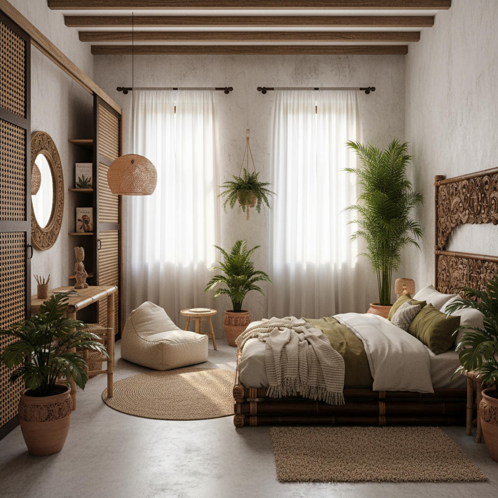 A beautiful Kids Bedroom designed in Bali style. Transform this interior into a Bali-inspired space while keeping walls and layout. Blend bamboo and rattan, neutral linens, tropical greenery, and carved accents. Use warm lighting, airy curtains, and layered natural textures for a calm island mood. The space features carefully selected furniture, harmonious colors, natural lighting, and thoughtfully placed decorative elements that create a welcoming and aesthetically pleasing atmosphere.