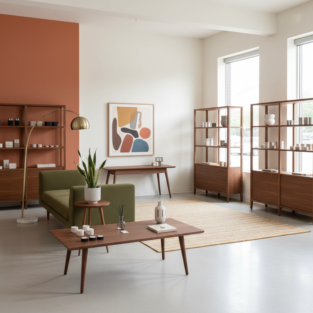 A beautiful Retail Store designed in Contemporary Mid-Century style. Transform this interior space into current mid-century style while maintaining the original room layout, walls, windows, and architectural features. Use walnut or teak, tapered legs and organic lines. Keep a warm palette with mustard, terracotta and olive green. Add a tripod or arc lamp, simple abstract art and textiles with a discreet geometric pattern. Improve comfort with firm cushions and a low pile rug. Avoid too many vintage pieces and prioritize function. The space features carefully selected furniture, harmonious colors, natural lighting, and thoughtfully placed decorative elements that create a welcoming and aesthetically pleasing atmosphere.