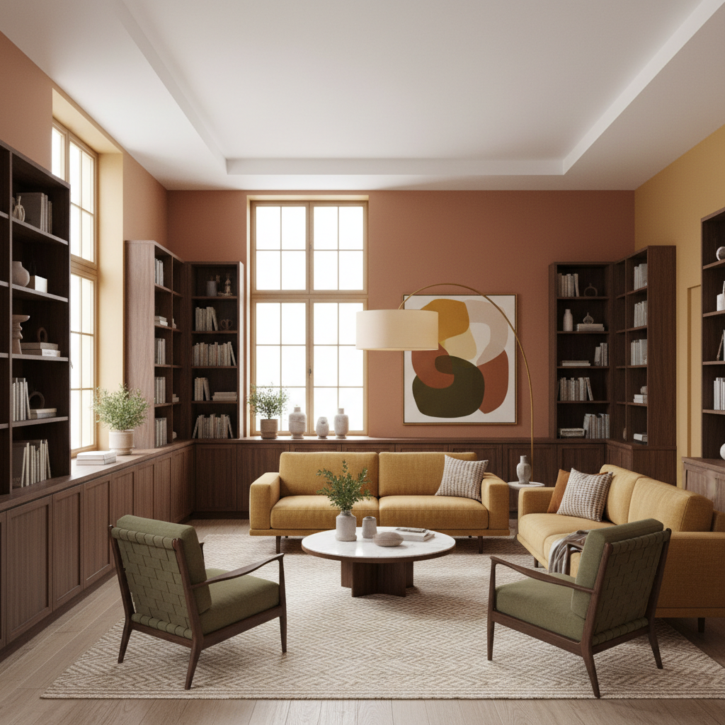 A beautiful Library designed in Contemporary Mid-Century style. Transform this interior space into current mid-century style while maintaining the original room layout, walls, windows, and architectural features. Use walnut or teak, tapered legs and organic lines. Keep a warm palette with mustard, terracotta and olive green. Add a tripod or arc lamp, simple abstract art and textiles with a discreet geometric pattern. Improve comfort with firm cushions and a low pile rug. Avoid too many vintage pieces and prioritize function. The space features carefully selected furniture, harmonious colors, natural lighting, and thoughtfully placed decorative elements that create a welcoming and aesthetically pleasing atmosphere.