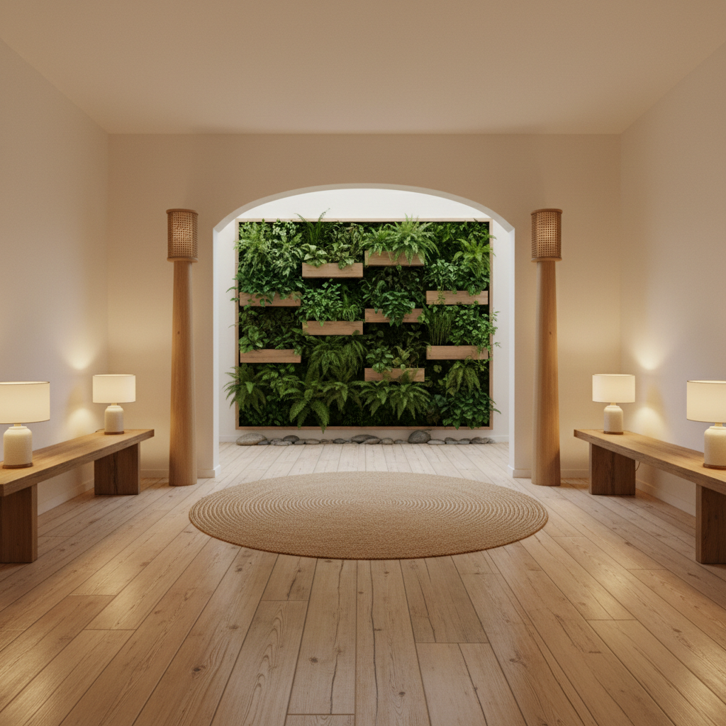 Design a serene entrance in Natural Japandi style, characterized by a minimalist aesthetic, natural materials, and a calming atmosphere. The space features a weathered wooden floor, made from reclaimed Japanese cypress, with a subtle sheen from a light oil finish. Walls are painted a soft, creamy white, allowing the natural beauty of the wooden floor to take center stage. A low, wide entranceway is flanked by two slender, tapered wooden pillars, topped with delicate, woven rattan accents. Soft, warm lighting is provided by a series of table lamps with linen shades, placed on a low, reclaimed wood bench. A statement piece, a living green wall, adds a touch of natural beauty, with lush, low-maintenance plants in shallow, wooden planters. The overall atmosphere is peaceful and inviting, perfect for a serene transition into a home or office.