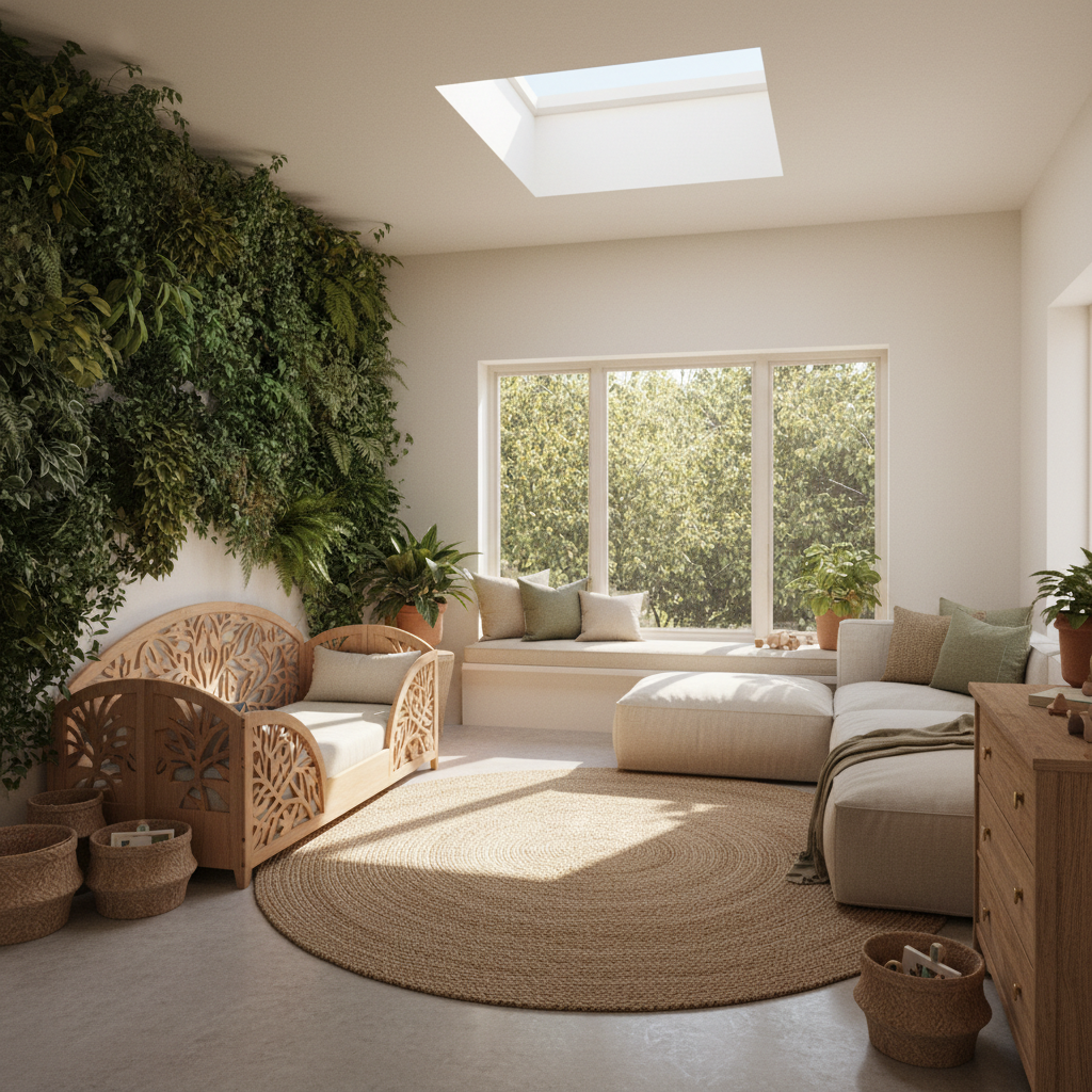 Design a kids' bedroom that seamlessly integrates the outdoors, evoking a sense of wonder and connection to nature. The space features a soft, creamy white color palette with warm beige tones and lush green accents. A living wall, covered in lush ivy and ferns, dominates one wall, bringing the outdoors in. A plush area rug in a natural fiber, such as jute or sisal, adds warmth underfoot. A curved wooden headboard, adorned with a carved wooden leaf pattern, provides a cozy reading nook. Large windows allow for an abundance of natural light, and a skylight above lets in a shaft of sunlight, casting a warm glow over the space. A plush, oversized sectional sofa in a natural fabric, such as linen or cotton, is placed in front of a floor-to-ceiling window, providing a comfortable spot to sit and observe the natural world. The room is filled with natural textures, such as woven baskets and a reclaimed wood dresser, and features a few