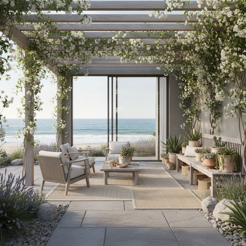 Create a Modern Coastal garden with a natural, airy feel, featuring a neutral color palette, weathered wood accents, and soft, calming lighting. The space should incorporate a mix of textures, including smooth gray stone, lush greenery, and driftwood furniture. A weathered wooden pergola supports a tumble of vines and flowering plants, with a natural fiber rug in a light beige hue adding warmth underfoot. Bring in the soothing sounds of the ocean with a floor-to-ceiling glass wall, allowing the sea breeze to caress the space, while a collection of potted succulents and a reclaimed wood bench add a touch of organic elegance.