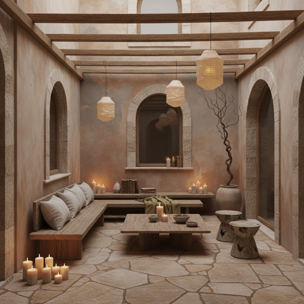 A beautiful Patio designed in Wabi-Sabi style. Transform this interior space into wabi-sabi style while preserving the original room structure, walls, windows, and architectural elements. Use earth tones, limewash finishes and bare wood. Choose crinkled textiles, irregular ceramics and stone. Select simple, low and stable furniture. Let walls breathe with only a few essential objects. Use warm indirect light with candles and paper lamps. Include benches, stools and a single sculptural dry branch for a peaceful, authentic mood. The space features carefully selected furniture, harmonious colors, natural lighting, and thoughtfully placed decorative elements that create a welcoming and aesthetically pleasing atmosphere.