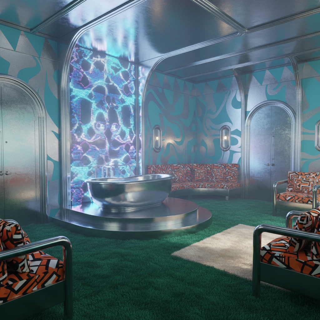Design a retro-futuristic spa room with a metallic sheen, where polished chrome accents and geometric patterns evoke a sense of nostalgia for a bygone era. Walls adorned with a swirling pattern of turquoise and silver hues, reminiscent of vintage sci-fi illustrations. The floor is covered in a plush, emerald green carpet that contrasts with the space's metallic tones. A floor-to-ceiling LED light installation in a geometric shape, with pulsing blue and purple hues, casts a mesmerizing glow. A curved, chrome-plated tub sits atop a raised platform, surrounded by a crescent-shaped seating area upholstered in a bold, geometric pattern. Soft, retro-inspired seating areas with chunky, chrome frames invite relaxation, while geometric-patterned throw pillows and a faux fur rug add warmth to the space. The air is filled with the scent of eucalyptus and citrus, and ambient music plays a hypnotic, electronic soundtrack.