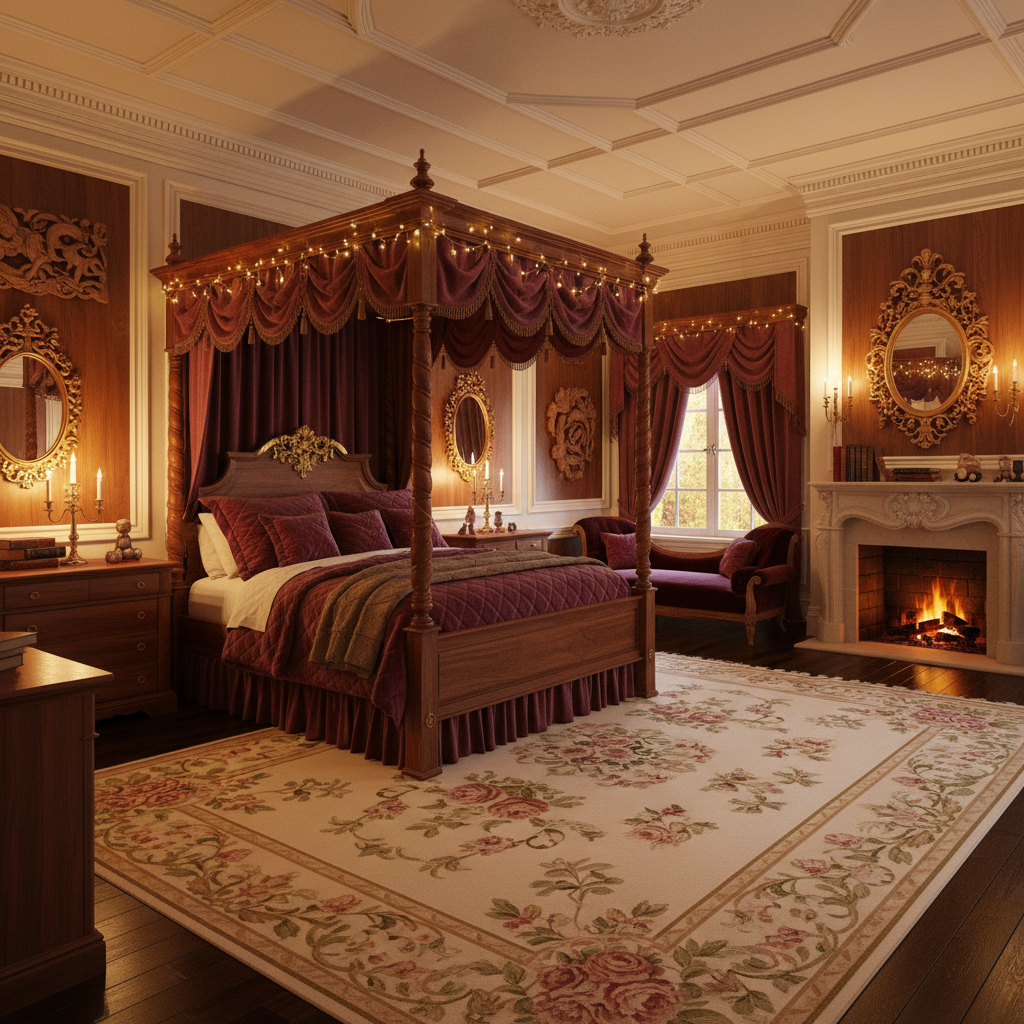 Design a traditional kids' bedroom with a warm and inviting atmosphere, featuring a rich wood tone paneling on the walls, complemented by creamy white trim and molding. The floor is made of dark hardwood, while the furniture is upholstered in a plush, burgundy velvet fabric. A classic four-poster bed with intricate carvings and golden accents sits against a wall, surrounded by a plush area rug in a soft, muted floral pattern. The room is illuminated by warm, soft candlelight and twinkling string lights, casting a cozy glow on the space. The walls are adorned with traditional, ornate mirrors and ornamental wooden wall art, adding to the room's sense of luxury and timelessness.