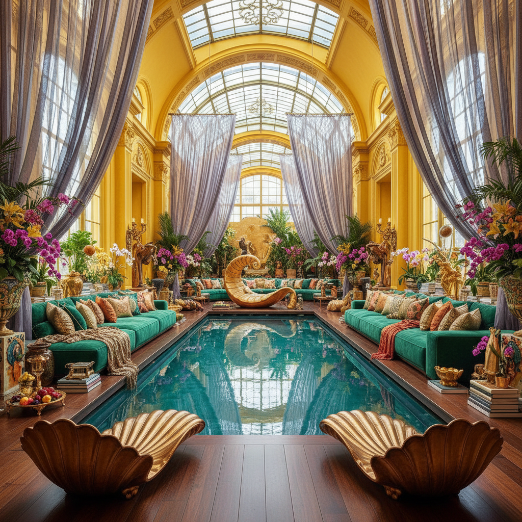 Design a Pool Area that embodies opulence and extravagance, characteristic of the Maximalist style. The space is flooded with natural light, pouring in through a glass ceiling above the infinity pool. Walls are painted a warm, sunny yellow, while the floors are made of rich, dark hardwood. Plush, oversized sectionals in vibrant emerald green and turquoise are arranged around the pool, adorned with intricately patterned pillows and throws in metallic gold and copper. A sprawling chaise lounge, shaped like a giant leaf, adds a touch of whimsy, while a dramatic, floor-to-ceiling curtain made of iridescent tulle filters the light and creates a sense of drama. The atmosphere is lush and decadent, with lush greenery and colorful flowers spilling from ornate planters and vases. A pair of gleaming, bronze sun loungers stand sentinel at either end of the pool, their seats shaped like sculptural seashells.