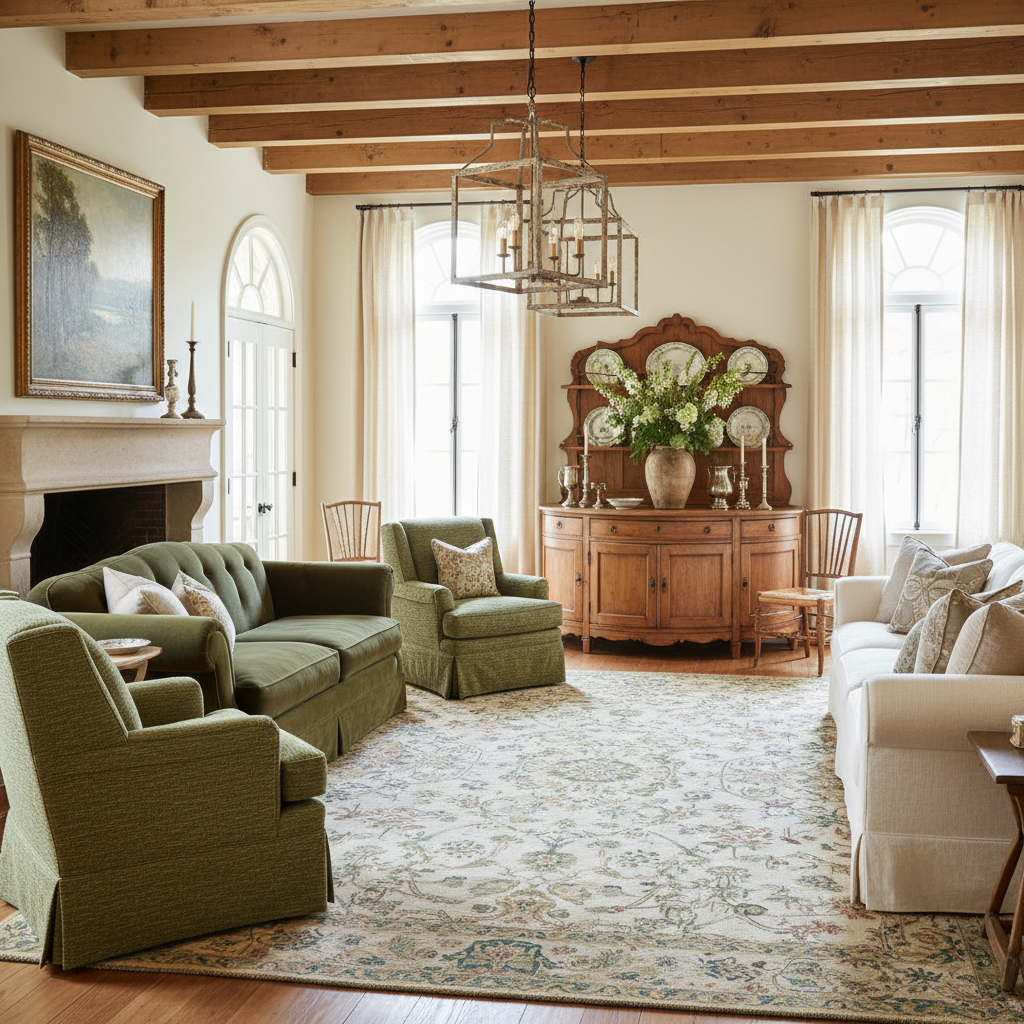 Design a warm and inviting French Country-style dining room with rustic charm. The space features a soft, creamy white (Benjamin Moore's Simply White) on the walls and warm honey-colored (Minwax Dark Walnut) on the wooden beams and furniture. A rich, dark green (Farrow & Ball's Sage) velvet sofa is arranged in a conversational circle, anchored by a plush, oversized armchair in a matching green fabric. Exposed wooden beams support a show-stopping chandelier made from distressed metal lanterns and warm, golden lighting. A plush, cream-colored (Schumacher's Linen) sectional sofa is placed against one wall, adorned with an elegant, curved wooden buffet in a warm, honey-colored finish. The floor is covered in a plush, neutral-colored (Morris & Co.'s Aubusson) area rug with a subtle, floral pattern.