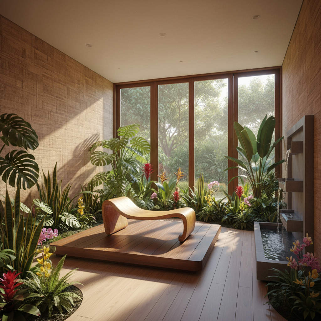 Create a serene Meditation Room in the style of Brazilian modernism, characterized by clean lines, organic curves, and a harmonious blend of natural materials. The space features a low-slung, wooden platform with a minimalist, hand-carved wooden meditation bench, set amidst a lush, tropical garden filled with vibrant greenery and exotic flowers. The walls are adorned with natural fibers, such as woven reed or rattan, in earthy tones, with large windows that filter the warm Brazilian sunlight, casting dappled shadows on the floor. The air is filled with the sweet scent of frangipani and the soft chirping of tropical birds, as the soothing sounds of a gentle water feature create a calming ambiance.